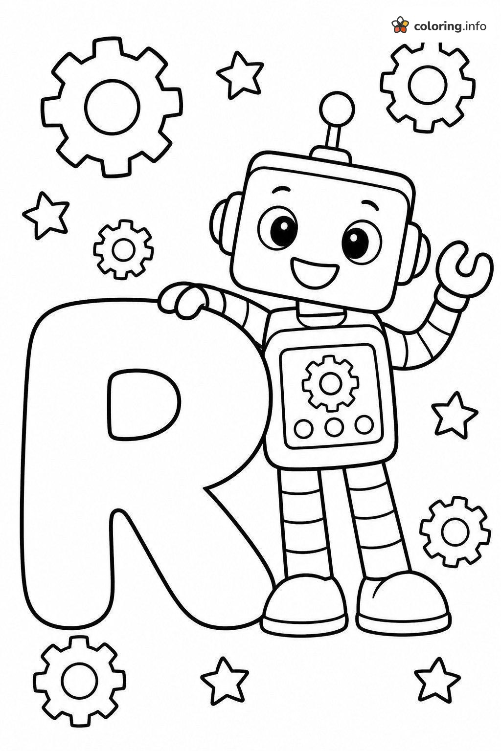 Waving Robot and Giant Bubble Letter R coloring page Waving Robot and Giant Bubble Letter R coloring page