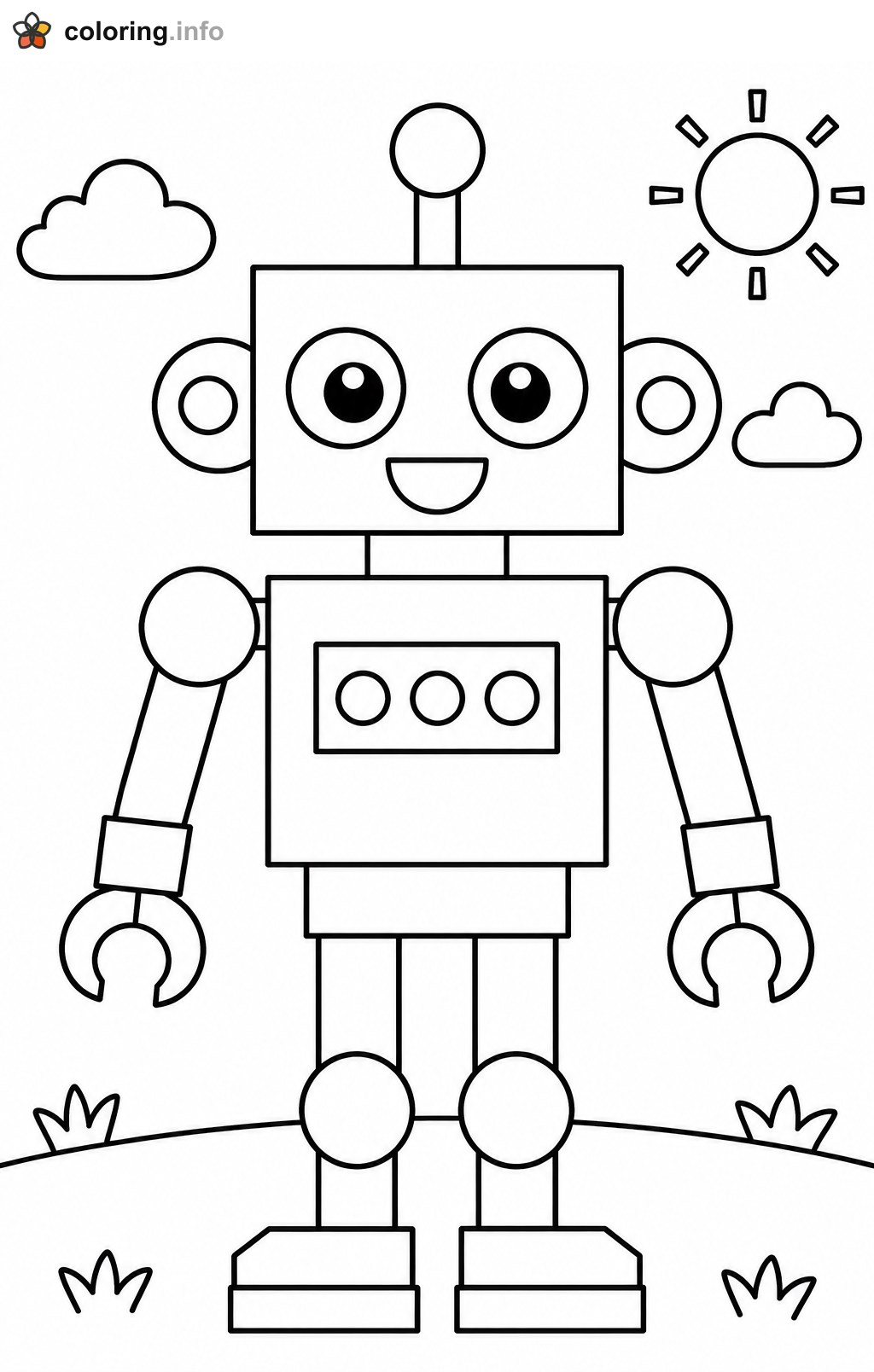 Friendly Square Head Robot Standing on a Hill coloring page Friendly Square Head Robot Standing on a Hill coloring page