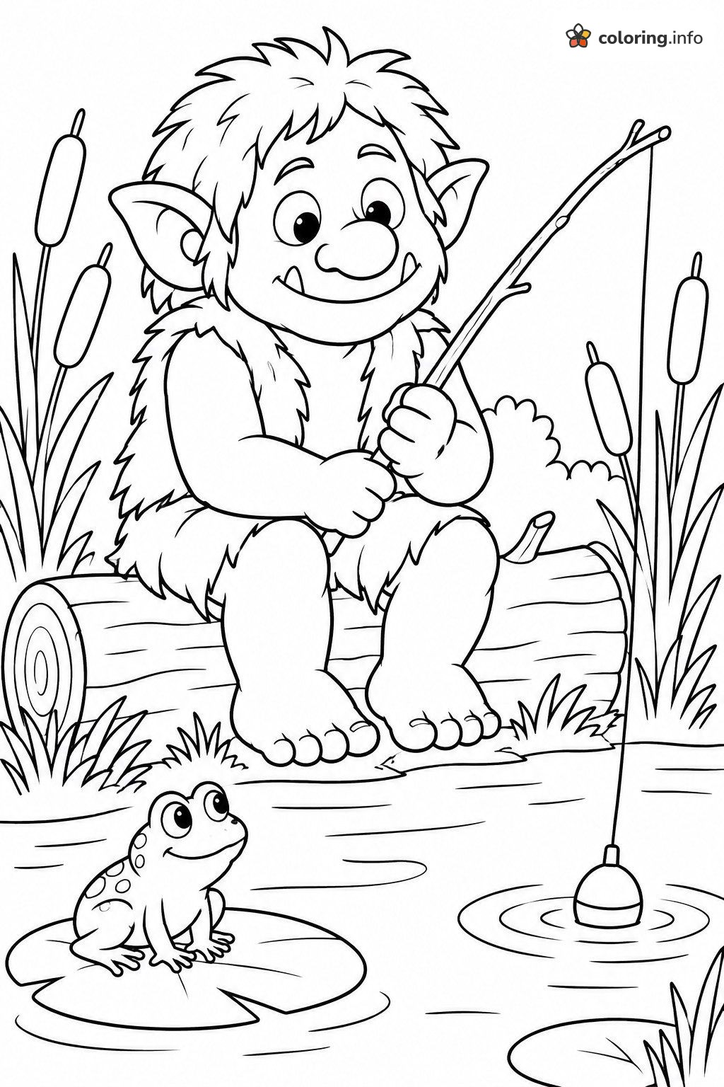 Gone Fishing: Troll on a Log Beside a Frog coloring page Gone Fishing: Troll on a Log Beside a Frog coloring page