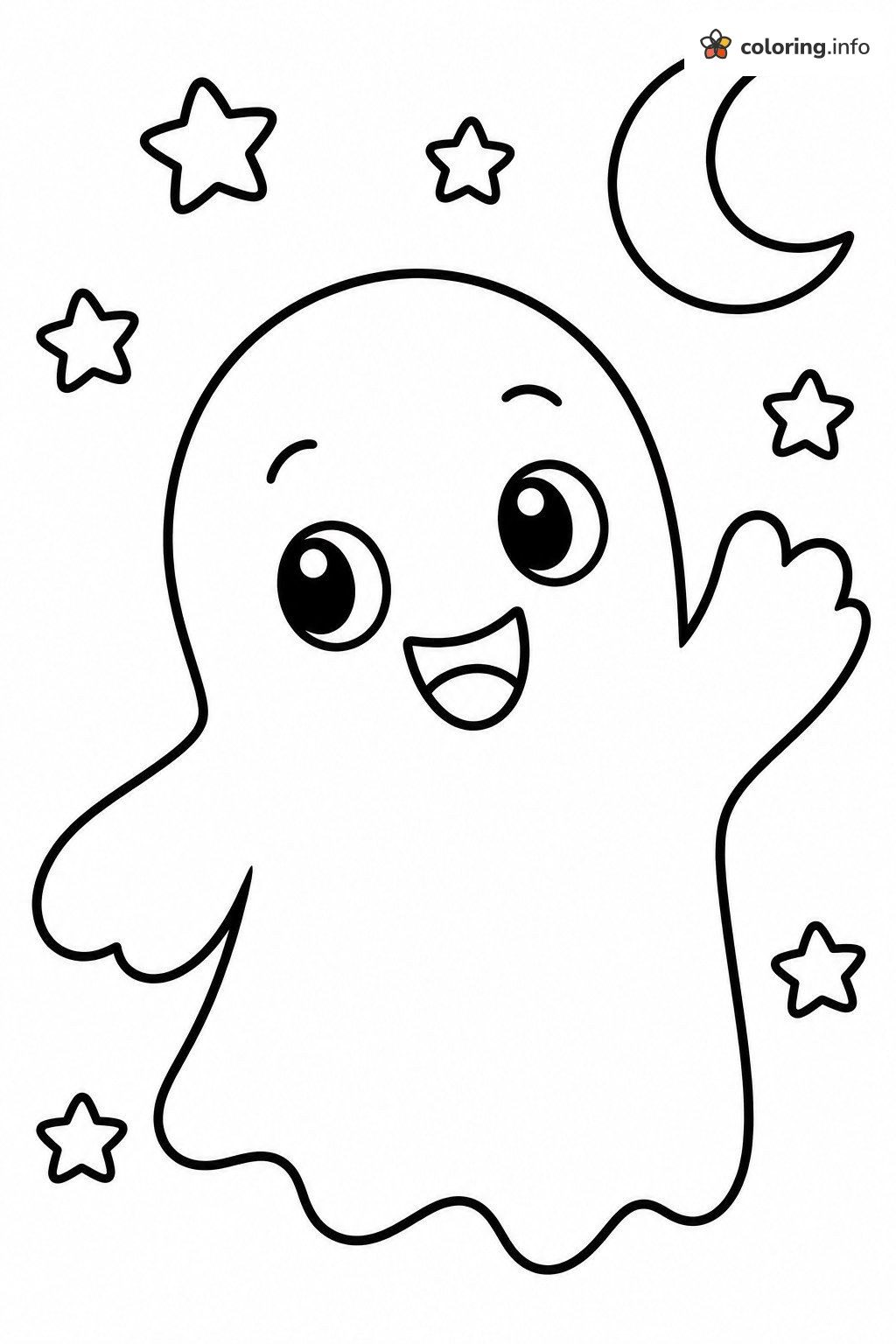 Waving Ghost with Moon and Stars coloring sheet Waving Ghost with Moon and Stars coloring sheet