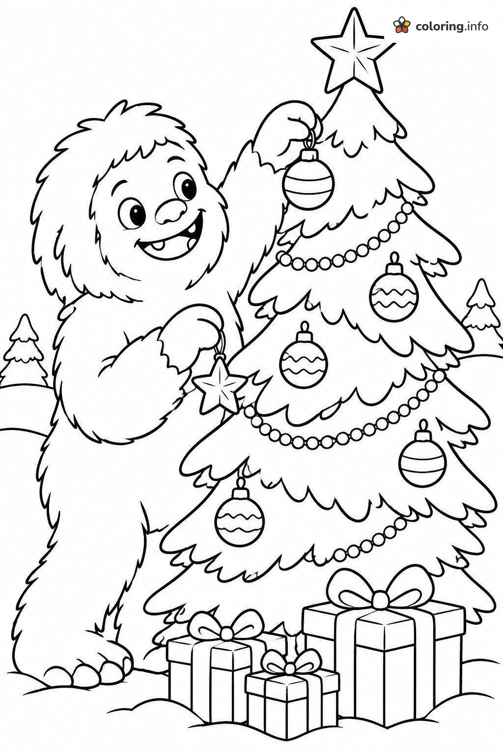 Yeti Trimming a Christmas Tree coloring page Yeti Trimming a Christmas Tree coloring page