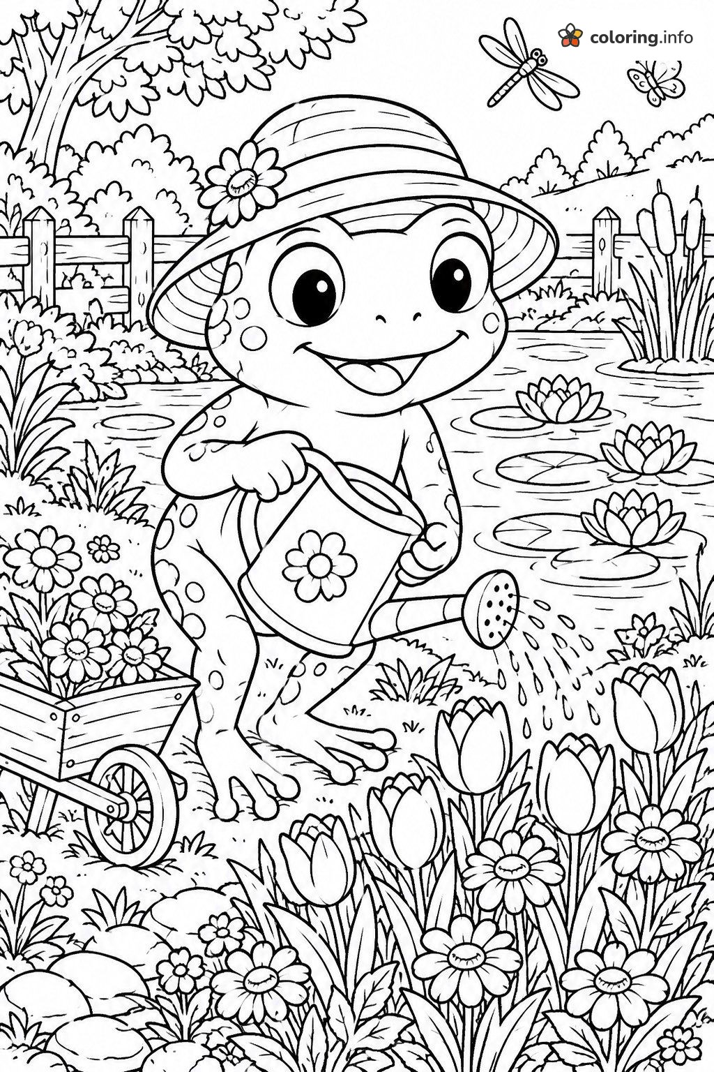 Gardening Frog in a Sun Hat Watering Tulips coloring page Gardening Frog in a Sun Hat Watering Tulips coloring page