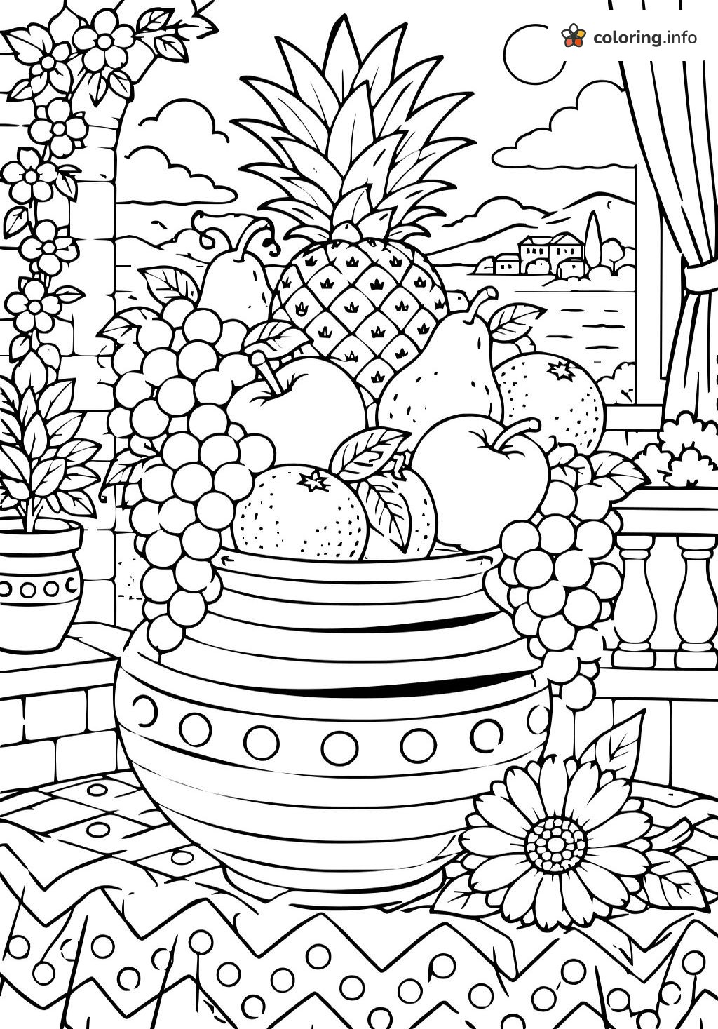 Fruit Bowl by the Window in Romero Britto style coloring page Fruit Bowl by the Window in Romero Britto style coloring page