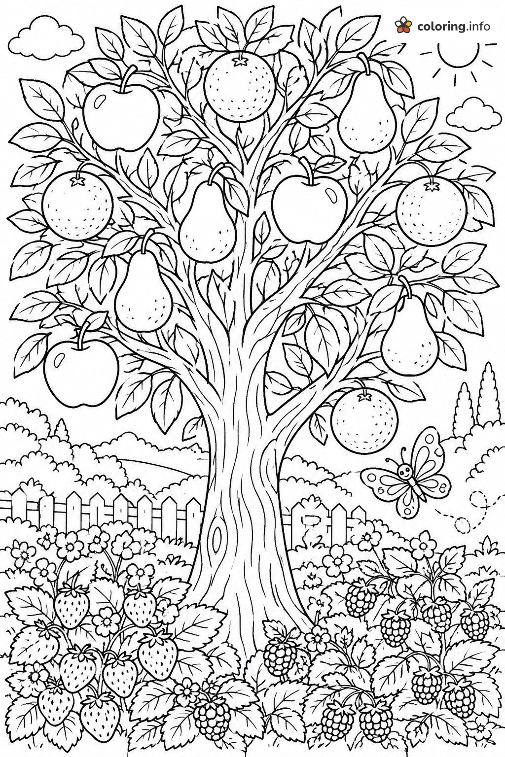Big Fruit Tree with Apples, Pears and Oranges coloring page Big Fruit Tree with Apples, Pears and Oranges coloring page