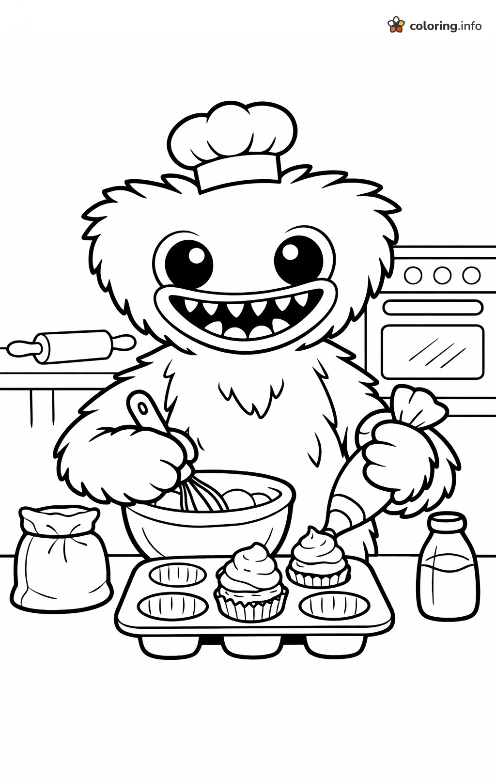 Monster Chef Baking Cupcakes: Huggy Wuggy (Poppy Playtime) Coloring Page Monster Chef Baking Cupcakes: Huggy Wuggy (Poppy Playtime) Coloring Page