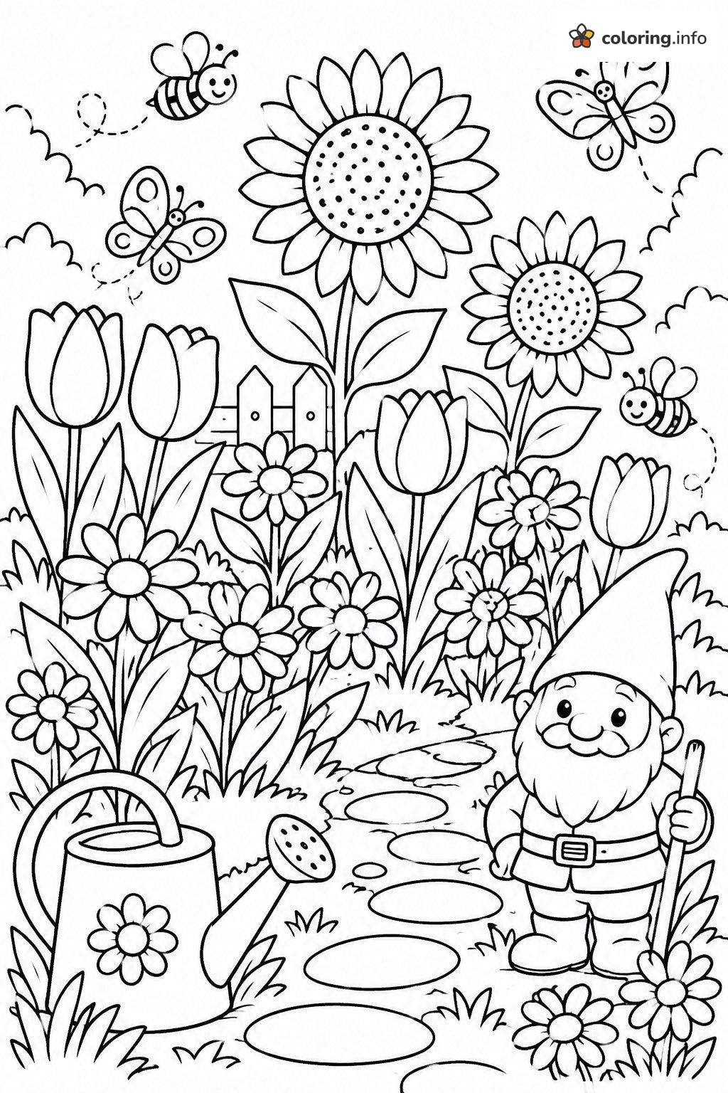 Spring Calendar Garden Gnome among Sunflowers, Tulips and Bees coloring page Spring Calendar Garden Gnome among Sunflowers, Tulips and Bees coloring page