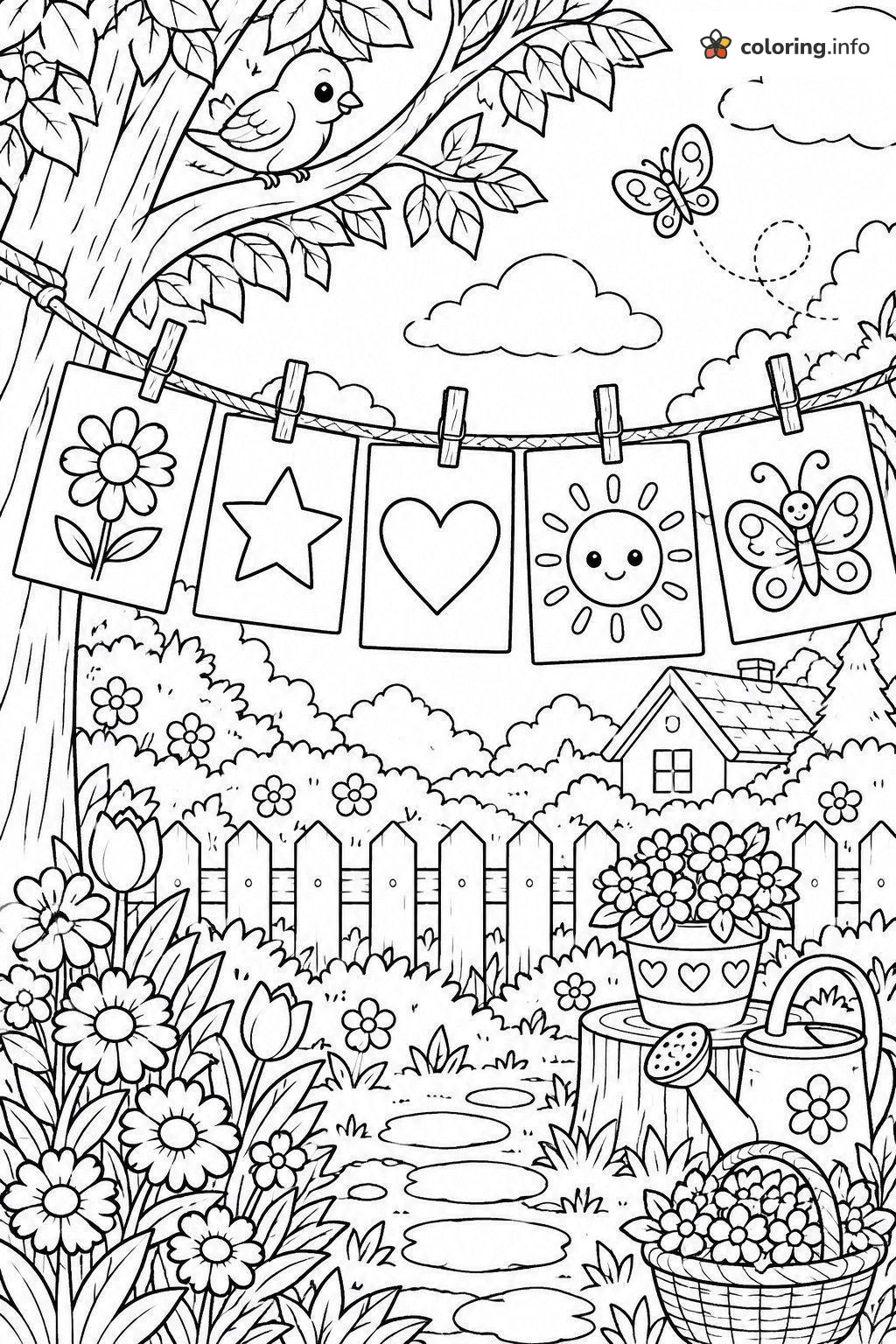 Garden Clothesline Scene for Thank You Cards printable coloring page Garden Clothesline Scene for Thank You Cards printable coloring page