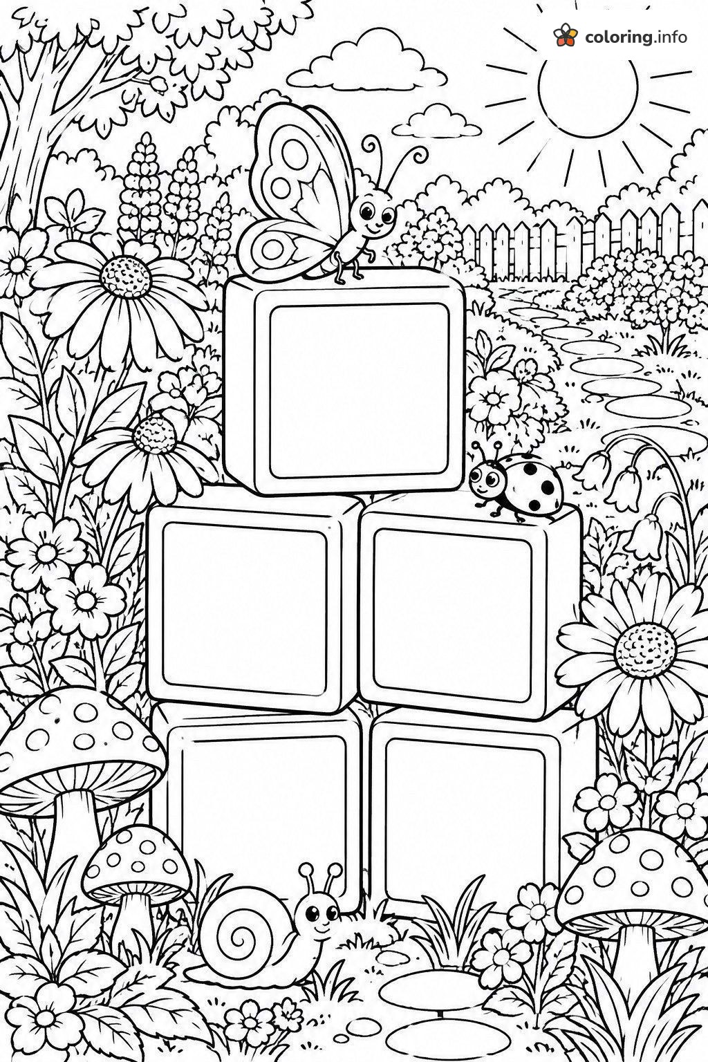Garden Scene with Stacked Blank Blocks, Butterfly and Ladybug coloring page Garden Scene with Stacked Blank Blocks, Butterfly and Ladybug coloring page