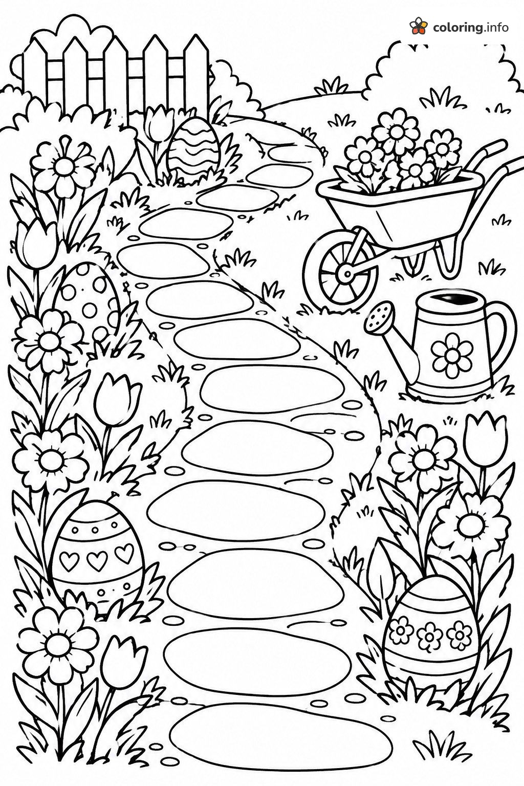 Garden Path Easter Egg Hunt with Wheelbarrow and Watering Can coloring page Garden Path Easter Egg Hunt with Wheelbarrow and Watering Can coloring page