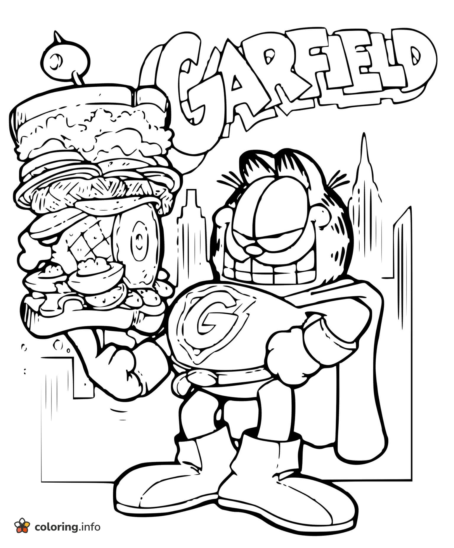 Superhero Garfield Lifting a Giant Sandwich coloring page Superhero Garfield Lifting a Giant Sandwich coloring page