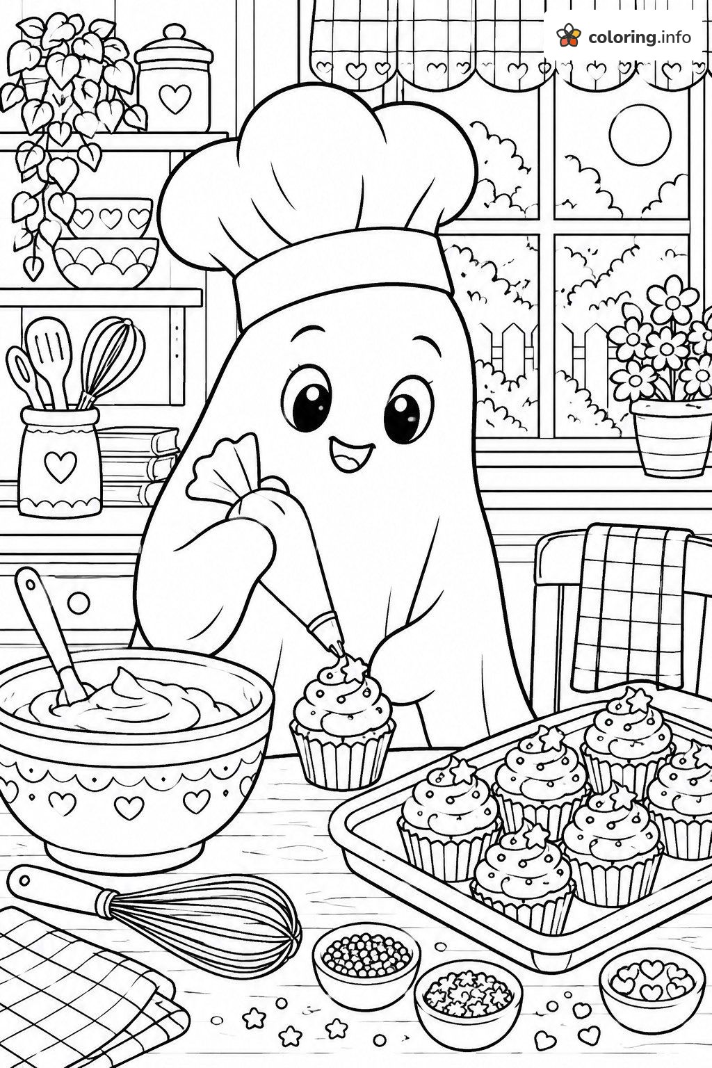Chef Ghost Frosting Cupcakes in the Kitchen printable coloring page Chef Ghost Frosting Cupcakes in the Kitchen printable coloring page