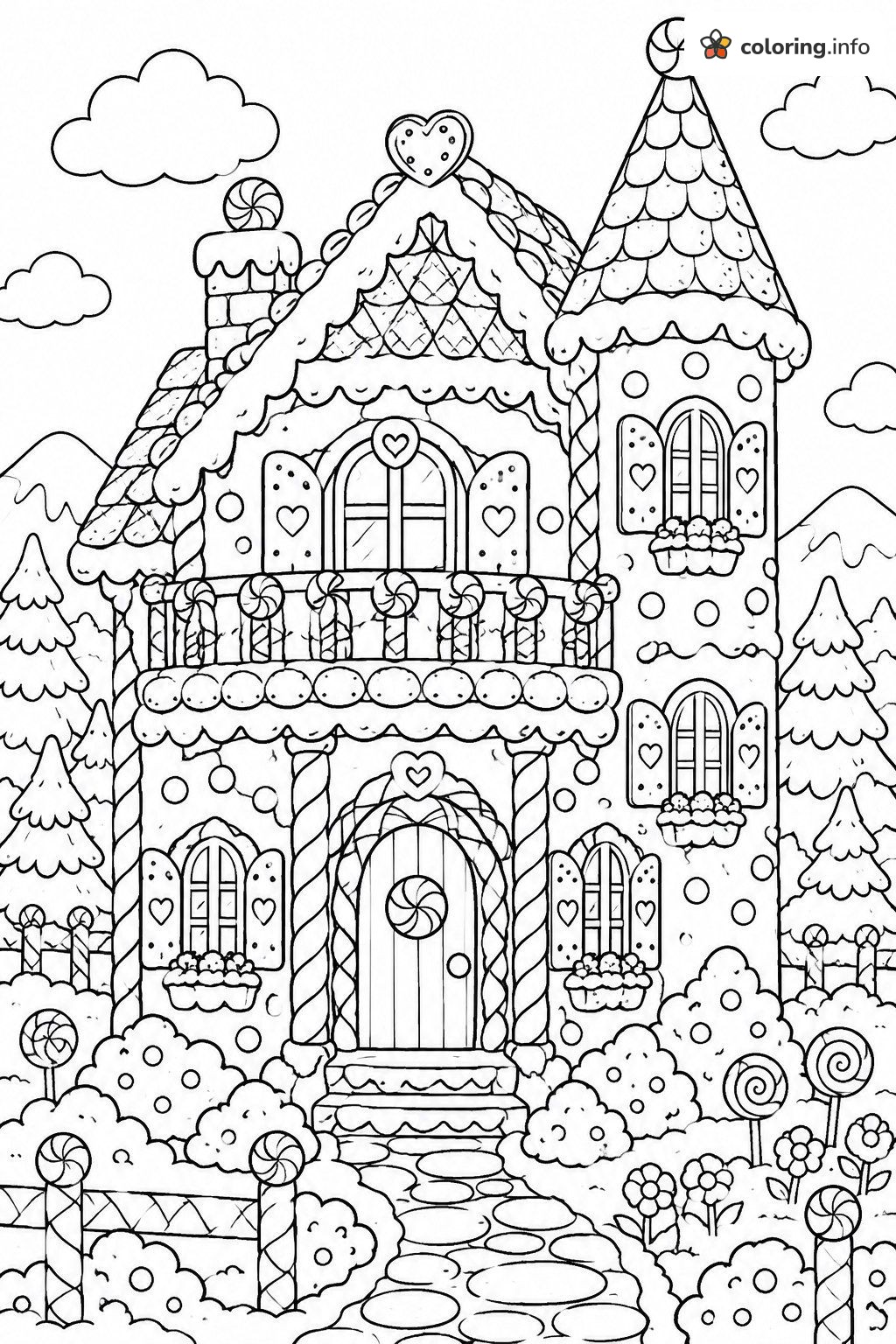 Two-Story Gingerbread House with Candy Tower and Lollipop Garden coloring page Two-Story Gingerbread House with Candy Tower and Lollipop Garden coloring page