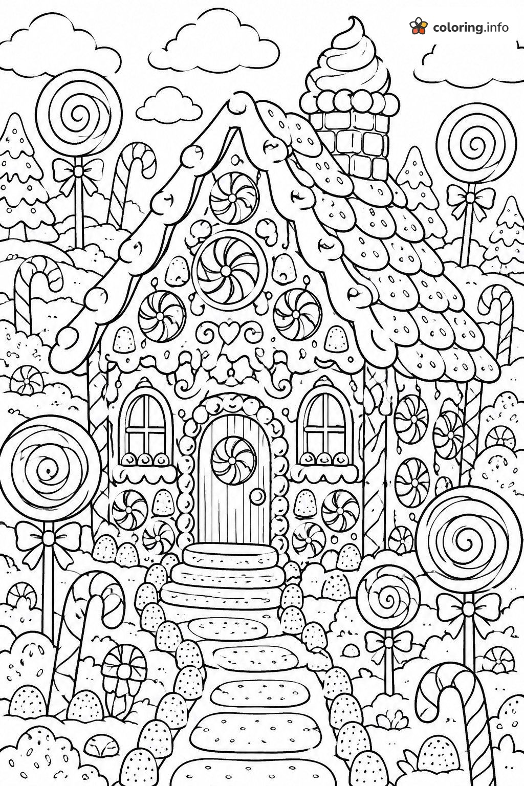 Candy Garden Gingerbread House with Lollipops and a Stepping-Stone Path printable coloring page Candy Garden Gingerbread House with Lollipops and a Stepping-Stone Path printable coloring page