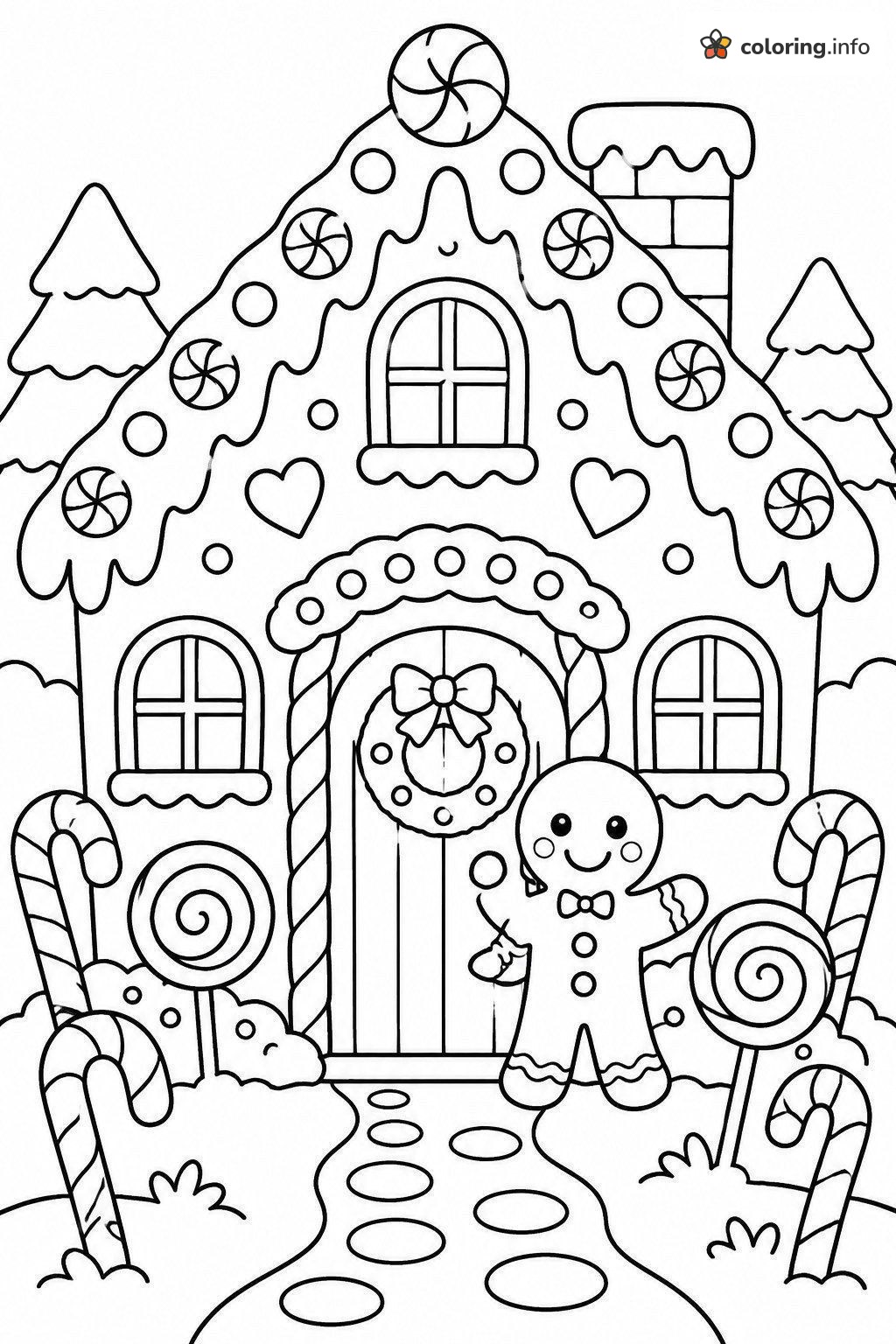 Gingerbread Man Waving at a Christmas Candy House coloring page Gingerbread Man Waving at a Christmas Candy House coloring page