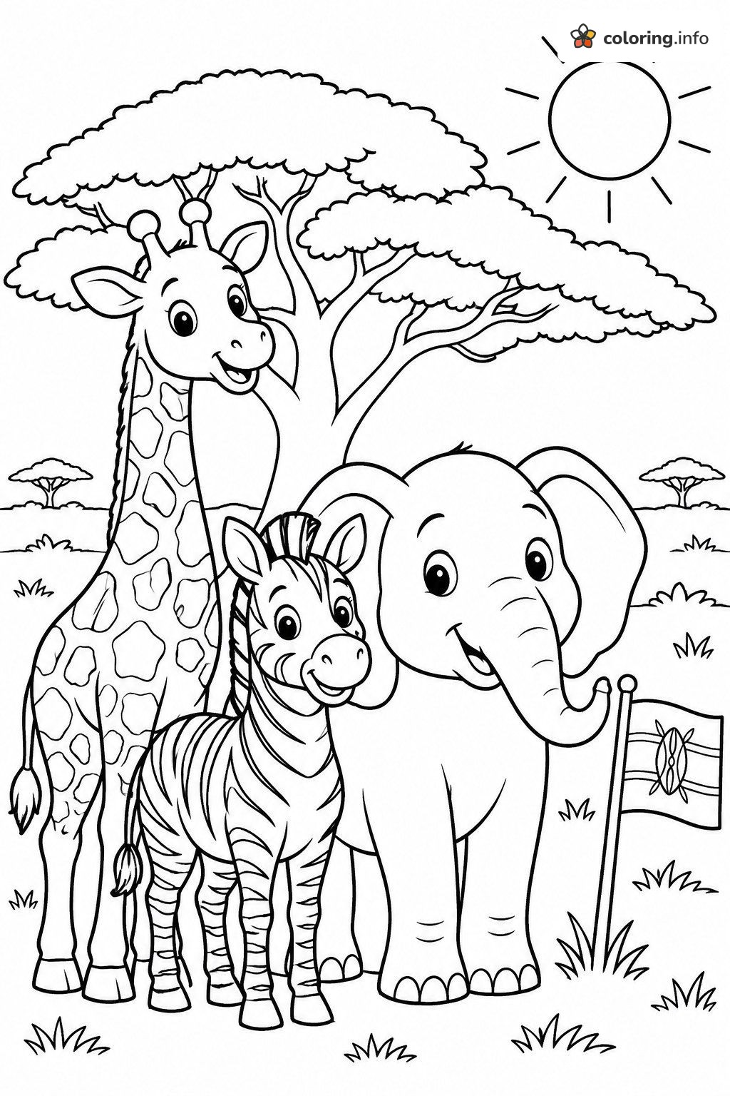 Savanna Animals Under an Acacia Tree: Countries Flag Page coloring page Savanna Animals Under an Acacia Tree: Countries Flag Page coloring page