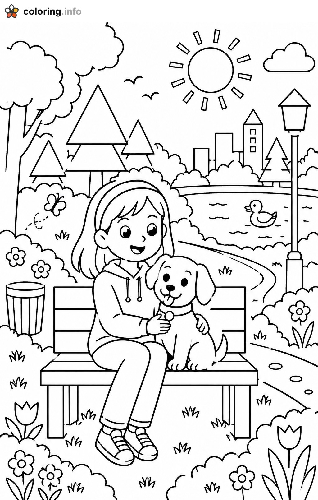 Girl and Puppy on a Park Bench coloring page Girl and Puppy on a Park Bench coloring page
