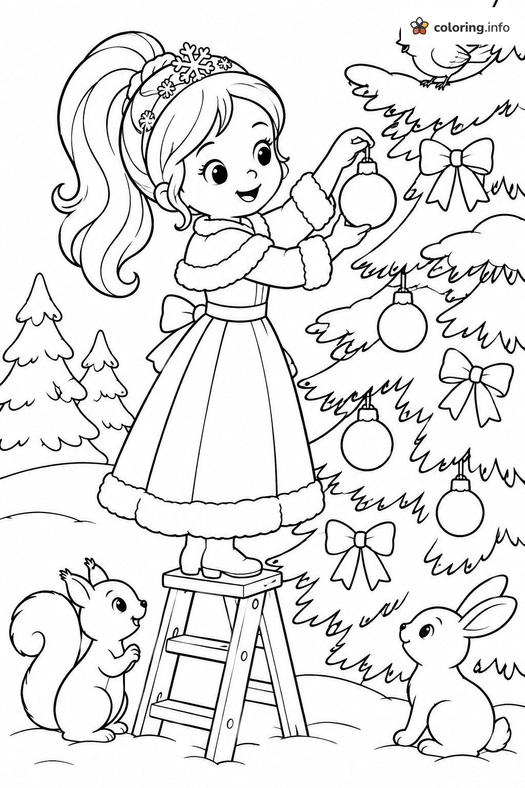 Ladder Tree Decorating, Princess Christmas with Forest Friends coloring page Ladder Tree Decorating, Princess Christmas with Forest Friends coloring page