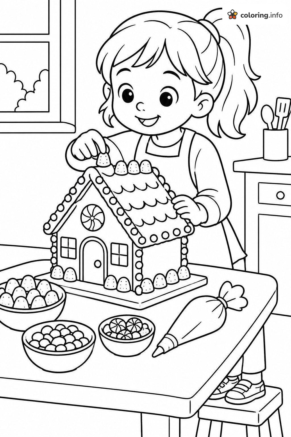Girl Pressing a Gumdrop onto a Gingerbread House printable coloring page Girl Pressing a Gumdrop onto a Gingerbread House printable coloring page
