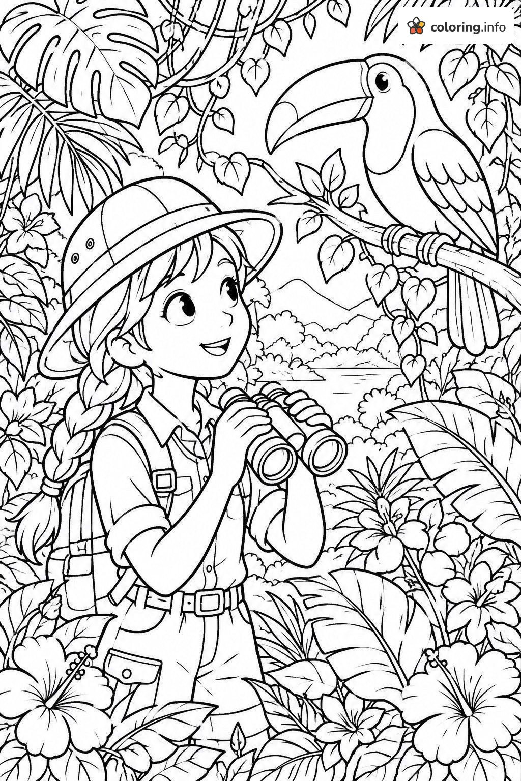 Jungle Explorer and Toucan Girl Power Adventure printable coloring page Jungle Explorer and Toucan Girl Power Adventure printable coloring page