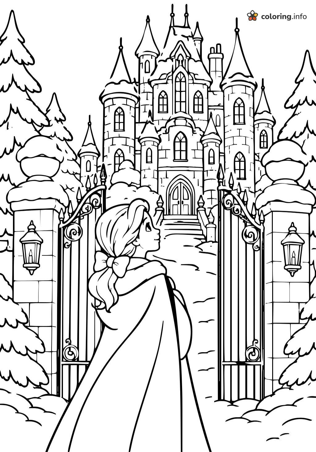 Snowy Castle Gates with Cloaked Girl, Beauty and the Beast coloring sheet Snowy Castle Gates with Cloaked Girl, Beauty and the Beast coloring sheet
