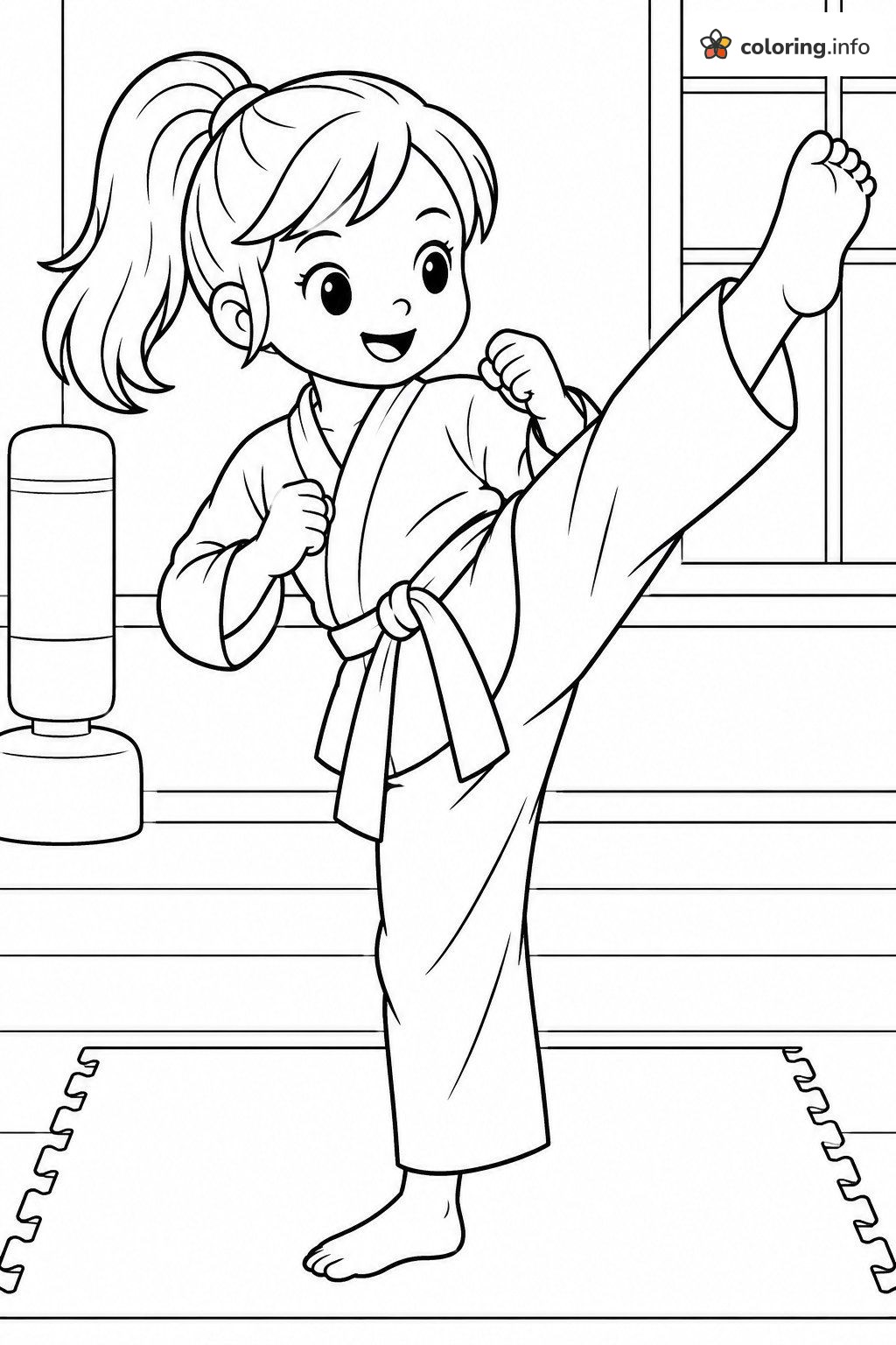 High Kick Girl Power in a Karate Uniform coloring sheet High Kick Girl Power in a Karate Uniform coloring sheet