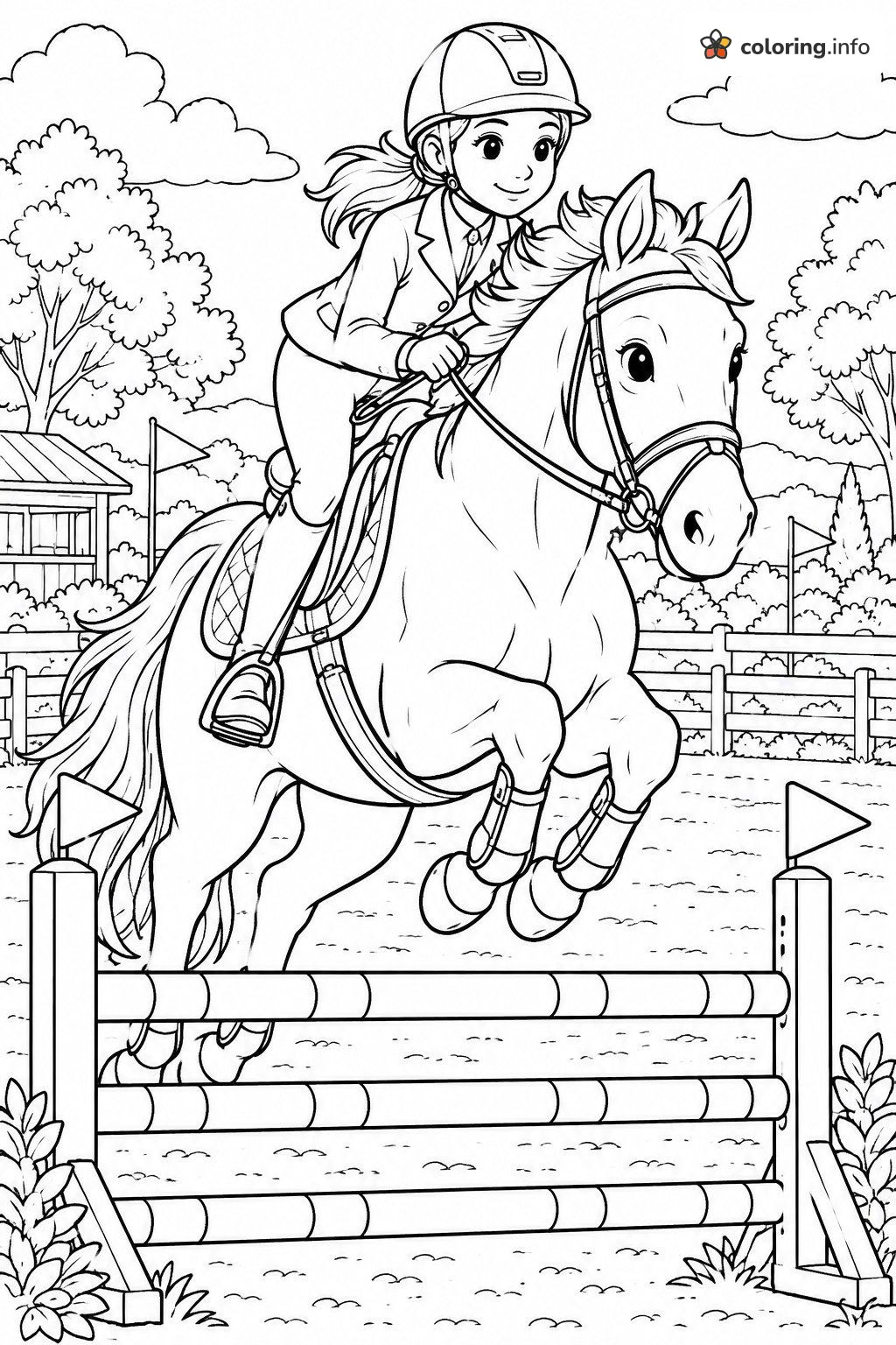Young Rider Jumping Her Horse Over a Striped Fence coloring page Young Rider Jumping Her Horse Over a Striped Fence coloring page