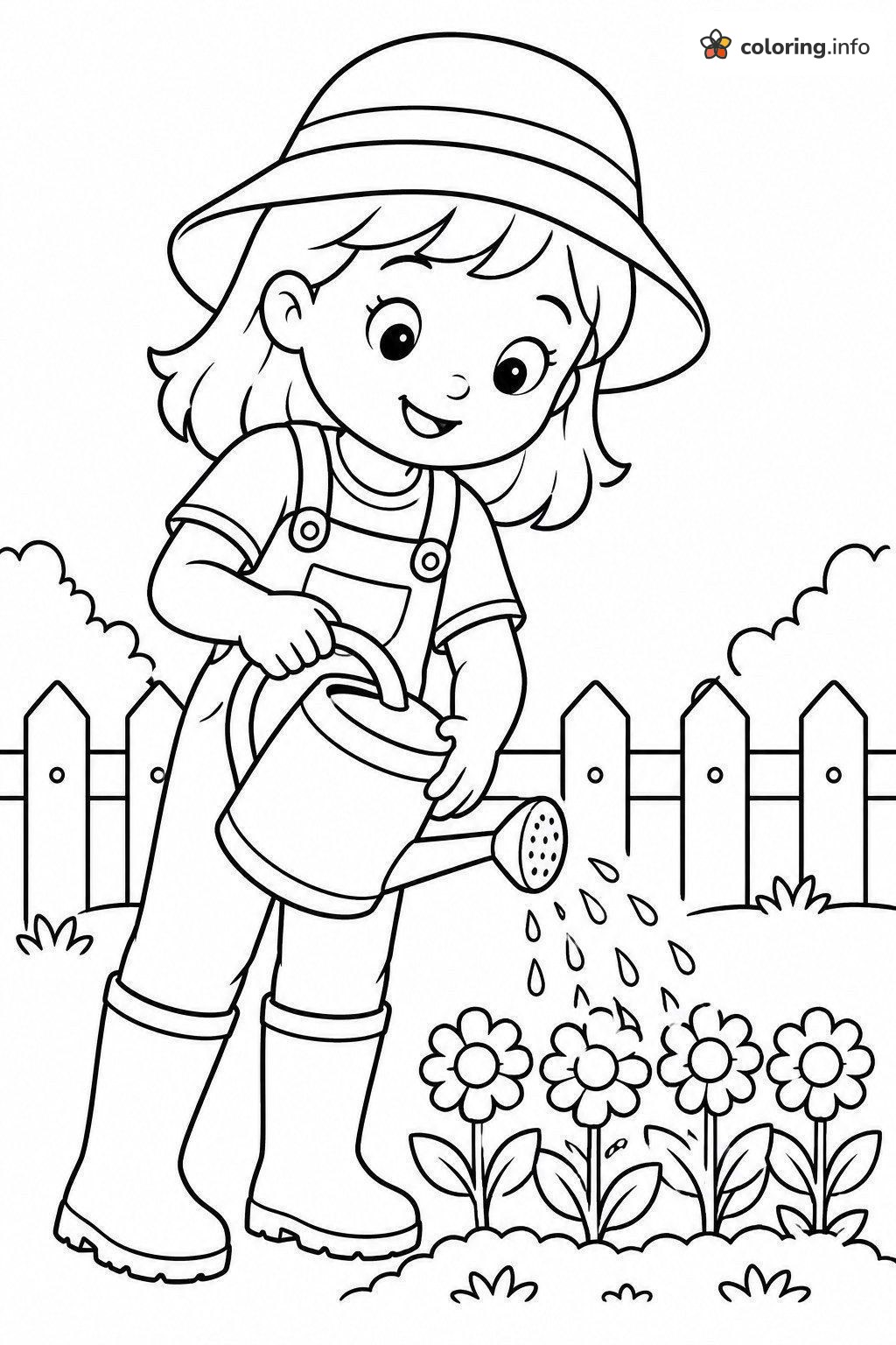 Girl Watering Her Spring Garden in a Sun Hat coloring page Girl Watering Her Spring Garden in a Sun Hat coloring page