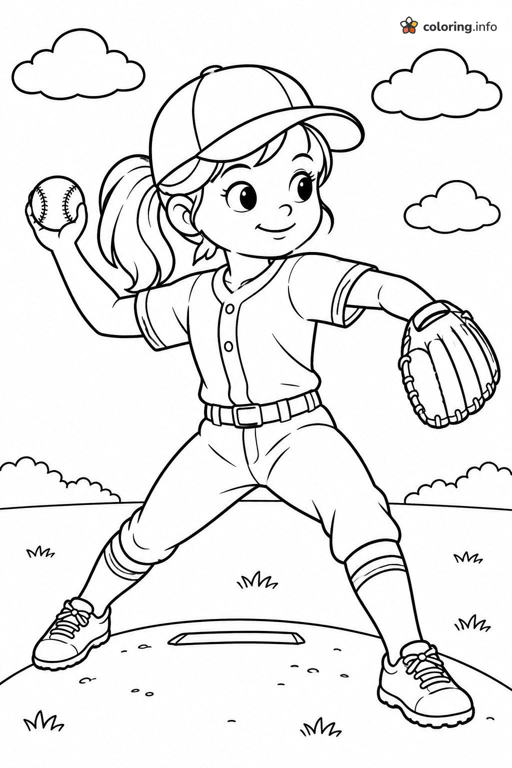 Girl Winding Up on the Baseball Pitcher's Mound coloring sheet Girl Winding Up on the Baseball Pitcher's Mound coloring sheet