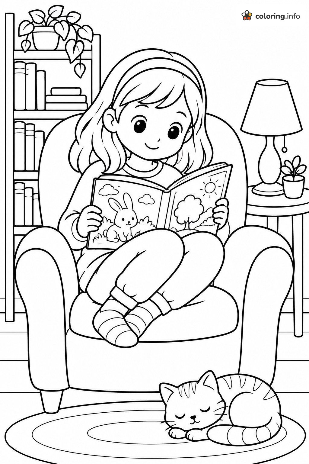 Cozy Reading Nook with a Sleepy Cat, Coloring For Kids coloring sheet Cozy Reading Nook with a Sleepy Cat, Coloring For Kids coloring sheet