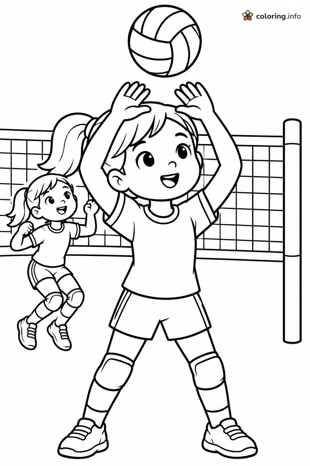 Two Girls Setting a Volleyball at the Net coloring page Two Girls Setting a Volleyball at the Net coloring page