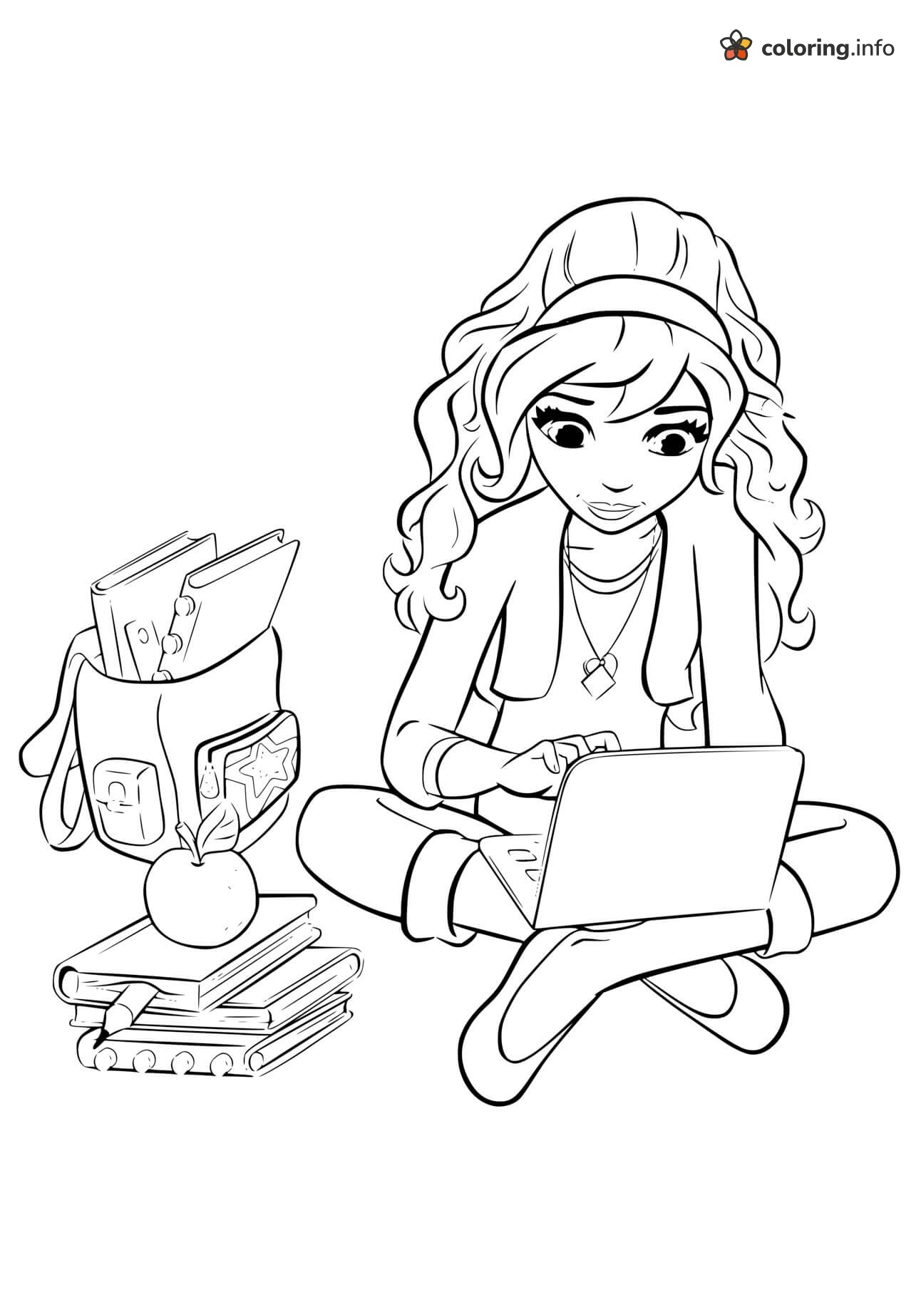 Homework Time Lego Friends Girl With Laptop and Backpack coloring sheet Homework Time Lego Friends Girl With Laptop and Backpack coloring sheet