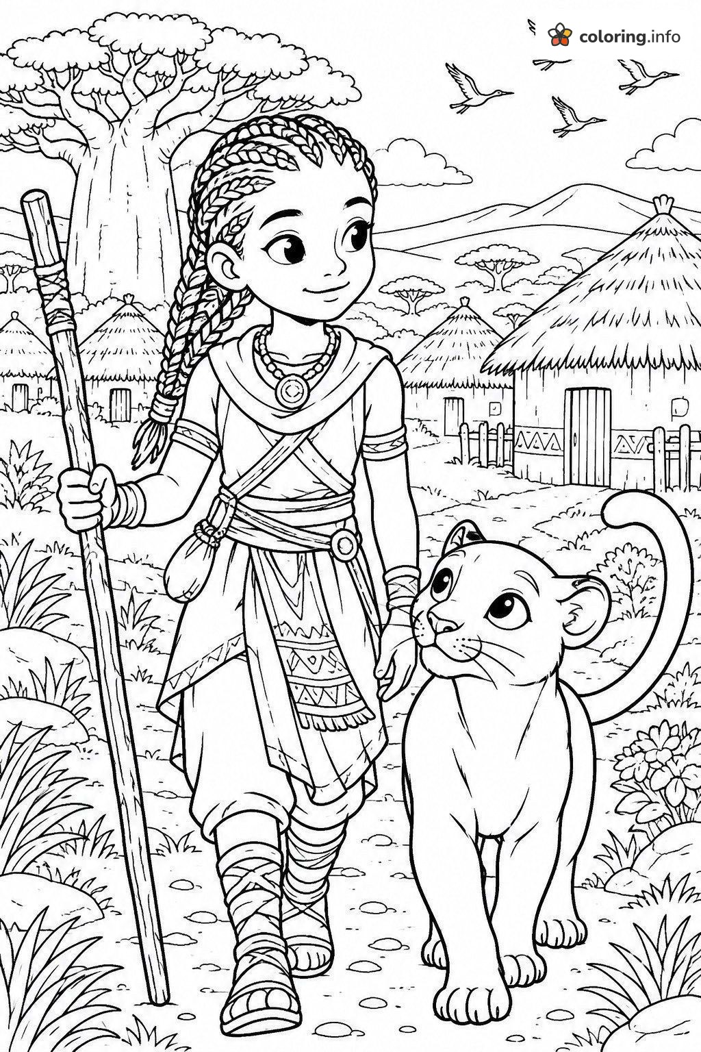 Village Walk with a Braided Girl and Black Panther coloring page Village Walk with a Braided Girl and Black Panther coloring page