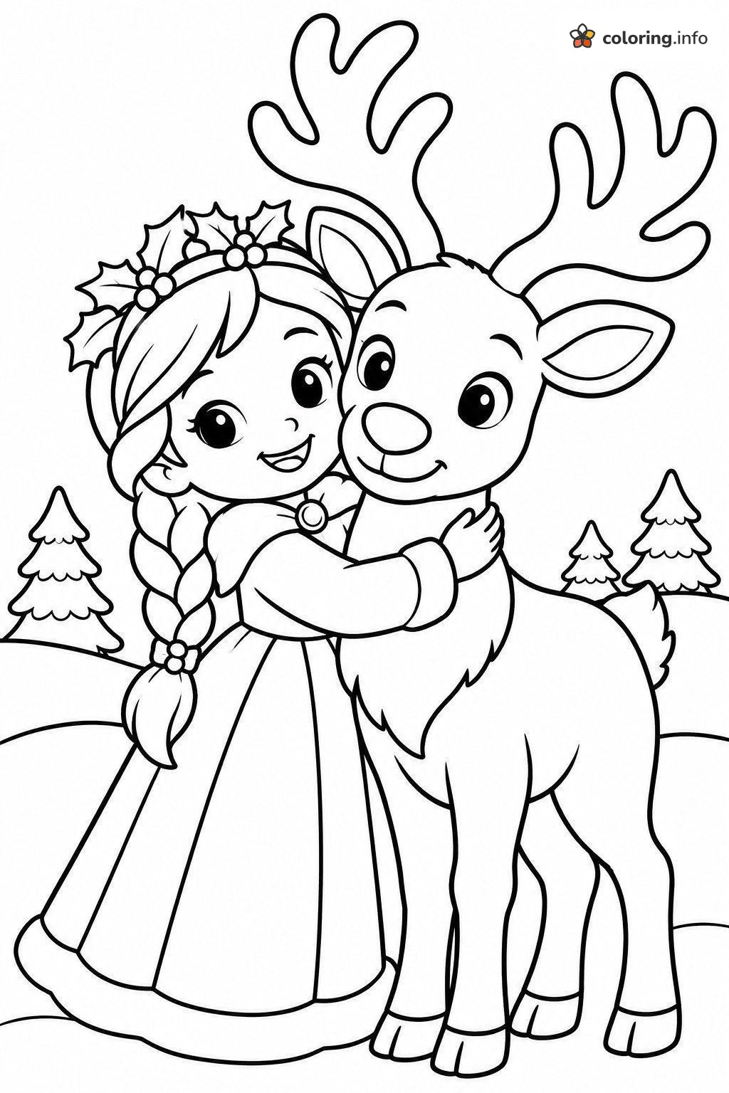 Holly-Crowned Girl Hugging a Reindeer for Princess Christmas coloring page Holly-Crowned Girl Hugging a Reindeer for Princess Christmas coloring page