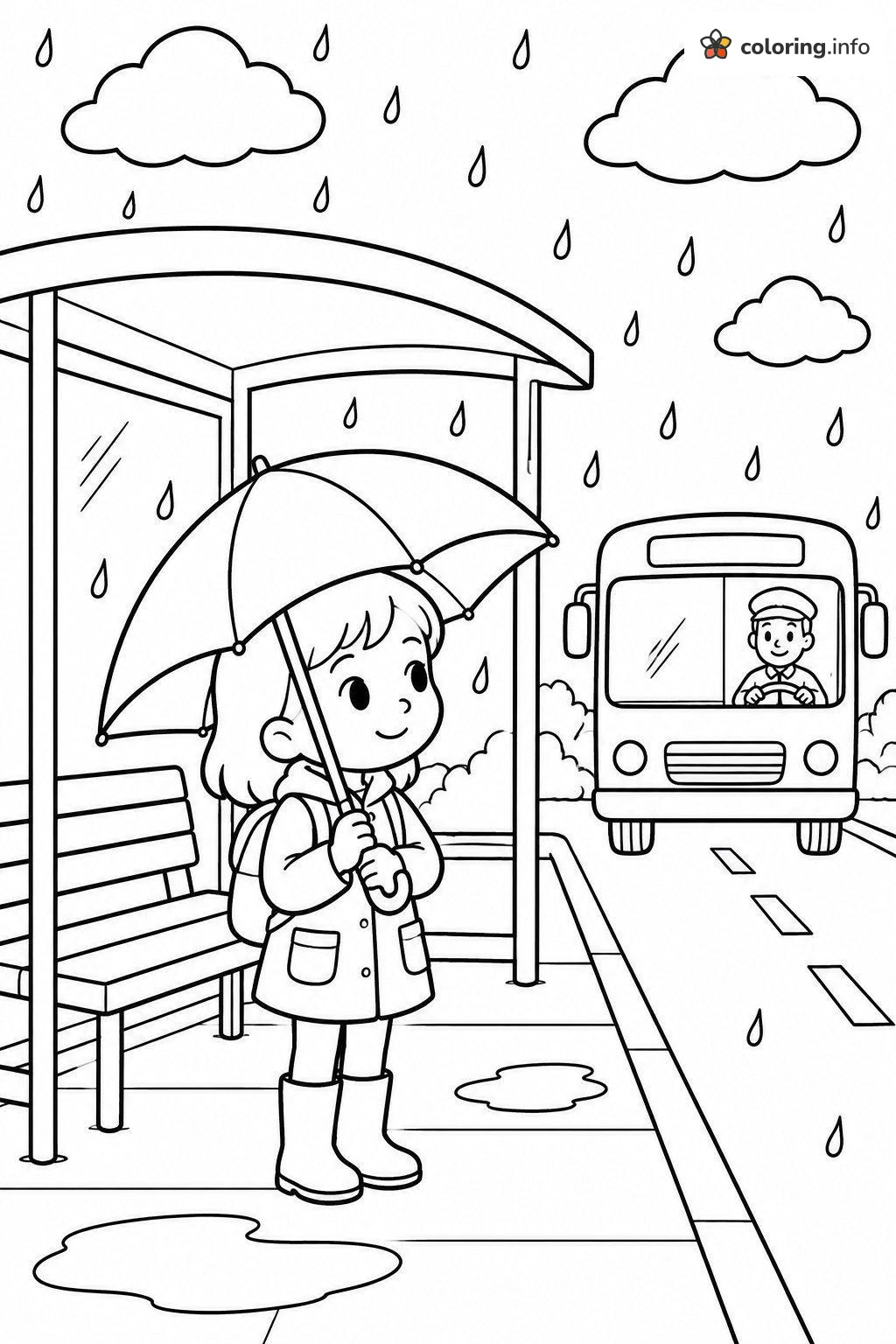 Rainy Day at the Bus Stop With a Girl and Her Umbrella printable coloring page Rainy Day at the Bus Stop With a Girl and Her Umbrella printable coloring page