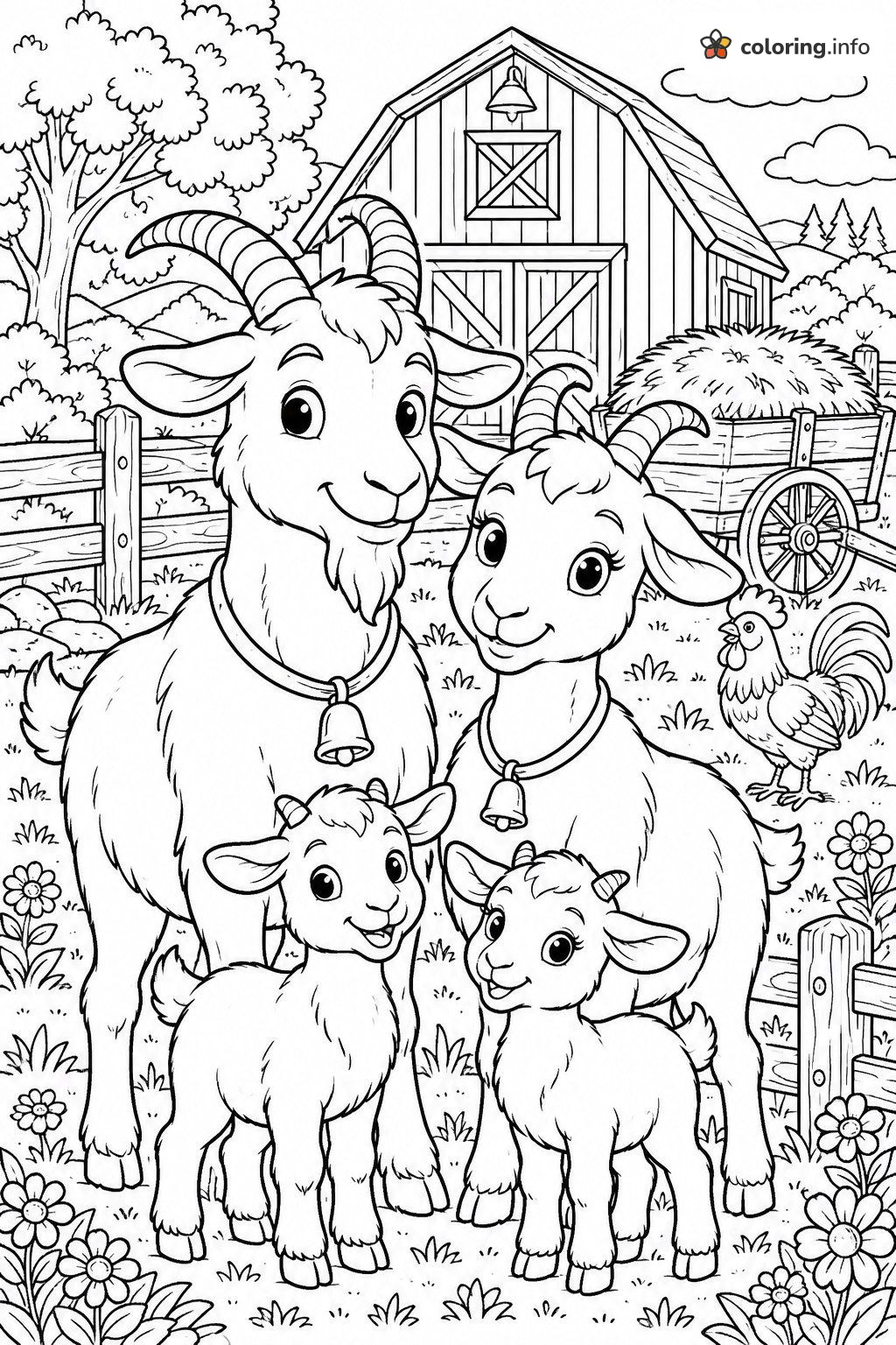 Goat Family with Bells in the Barnyard coloring sheet Goat Family with Bells in the Barnyard coloring sheet
