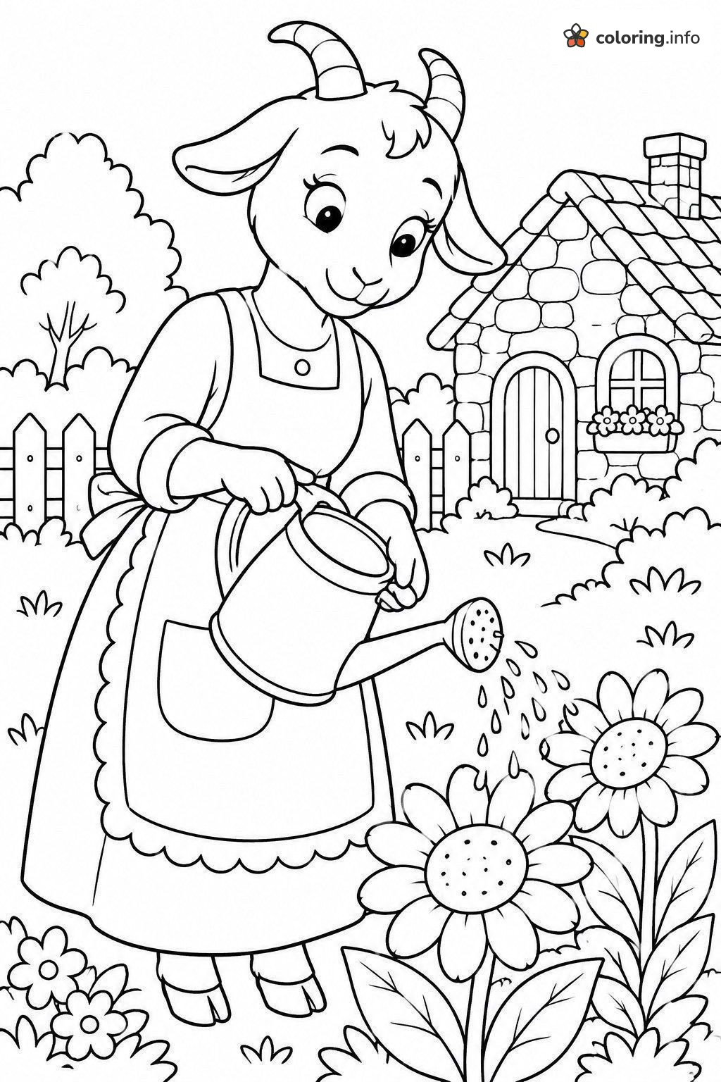 Goat Watering Flowers by a Stone Cottage, Undertale Category coloring page Goat Watering Flowers by a Stone Cottage, Undertale Category coloring page