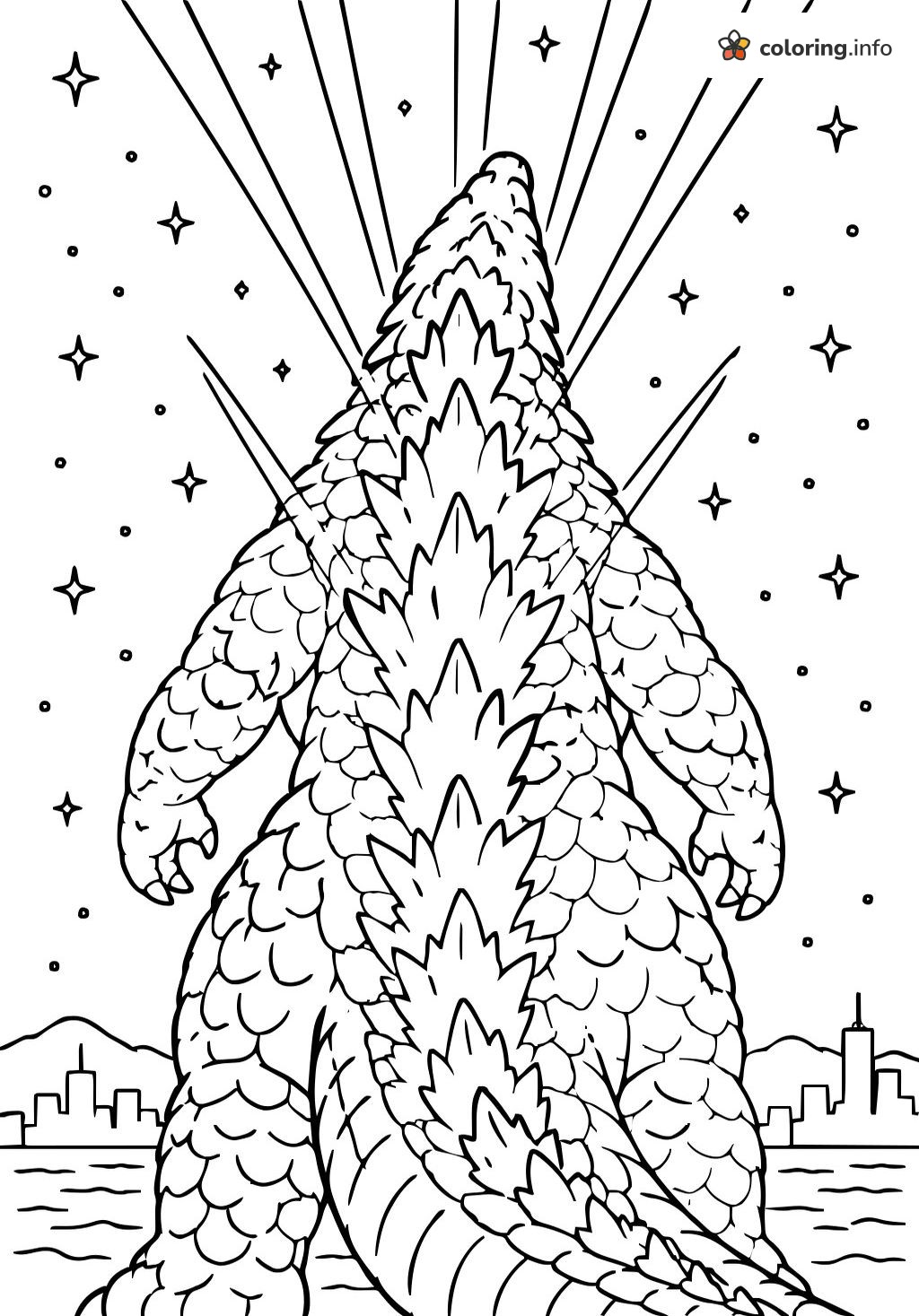 Back View of Godzilla Roaring at a Starry Sky coloring page Back View of Godzilla Roaring at a Starry Sky coloring page