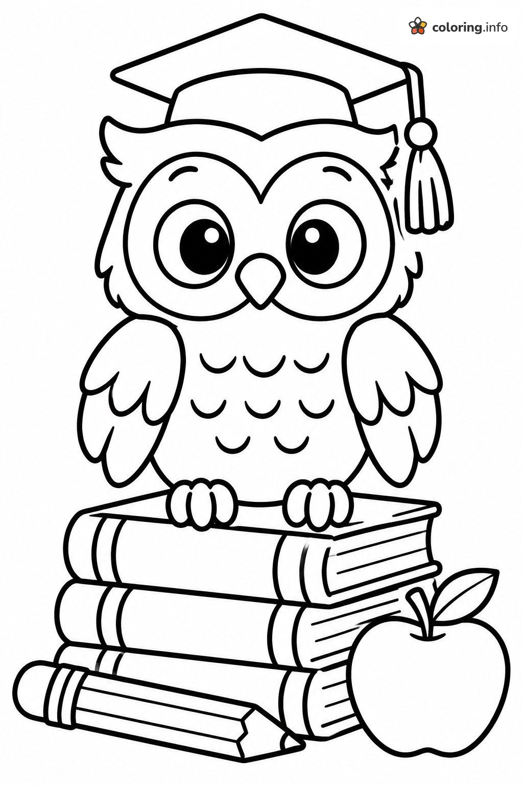 Wise Owl in a Graduation Cap on a Stack of Books coloring page Wise Owl in a Graduation Cap on a Stack of Books coloring page