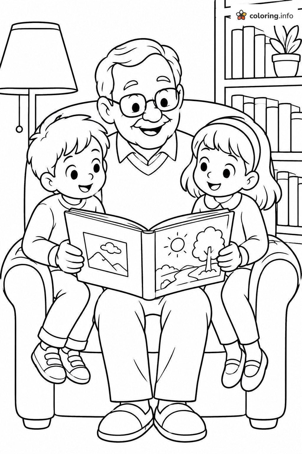 Grandpa Reads to Two Grandkids, Family Story Time coloring sheet Grandpa Reads to Two Grandkids, Family Story Time coloring sheet