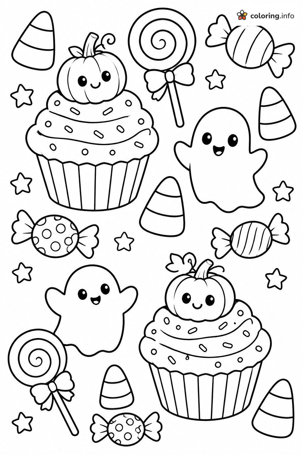 Halloween Candy Party with Cupcakes and Little Ghosts coloring page Halloween Candy Party with Cupcakes and Little Ghosts coloring page