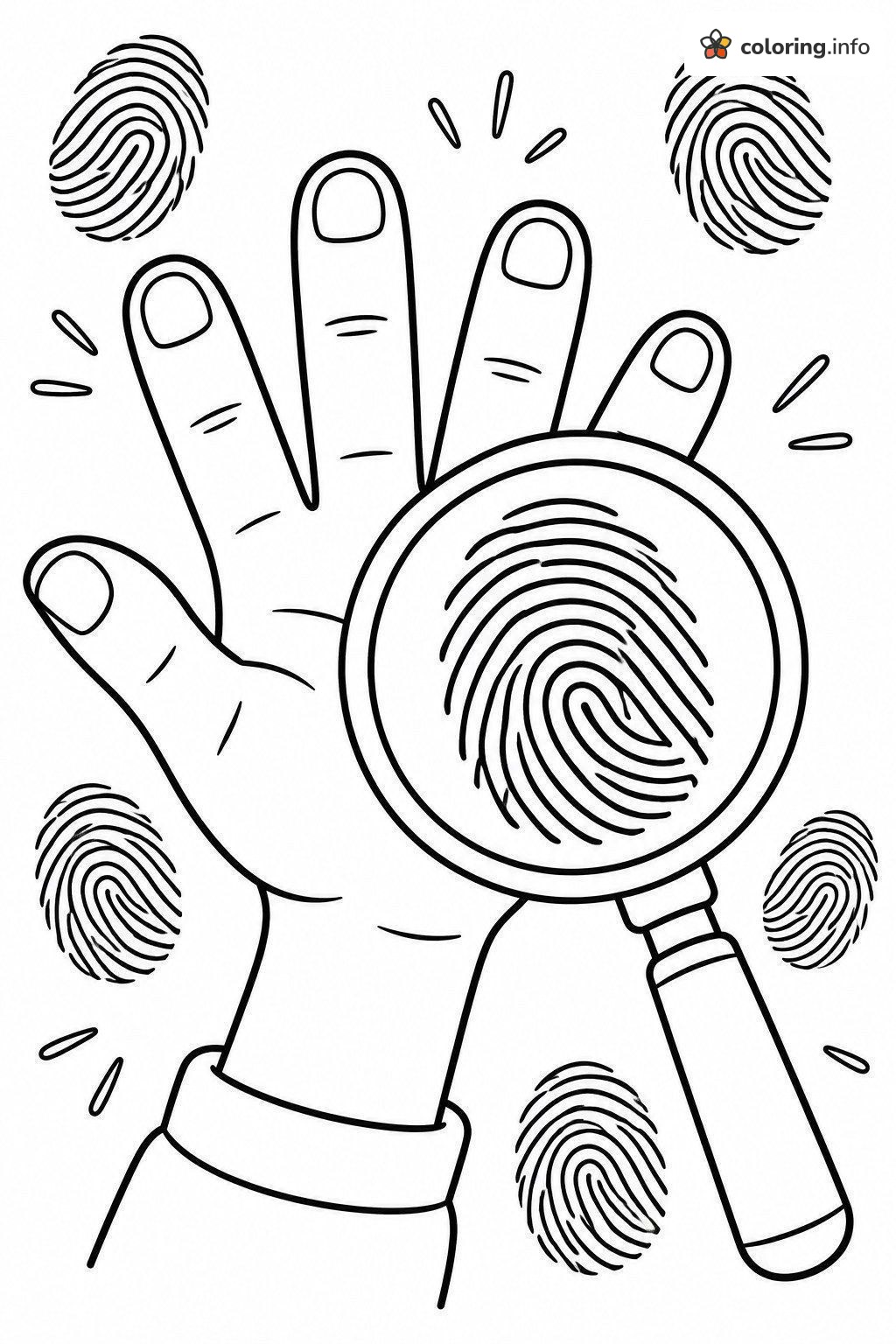 Fingerprint Anatomy Page: Hand Under a Magnifying Glass printable coloring page Fingerprint Anatomy Page: Hand Under a Magnifying Glass printable coloring page