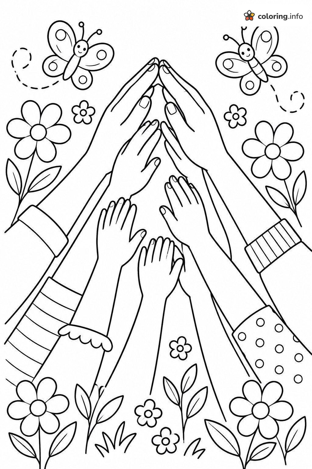 Reaching Hands, Flowers and Butterflies for Diversity & Inclusion coloring page Reaching Hands, Flowers and Butterflies for Diversity & Inclusion coloring page