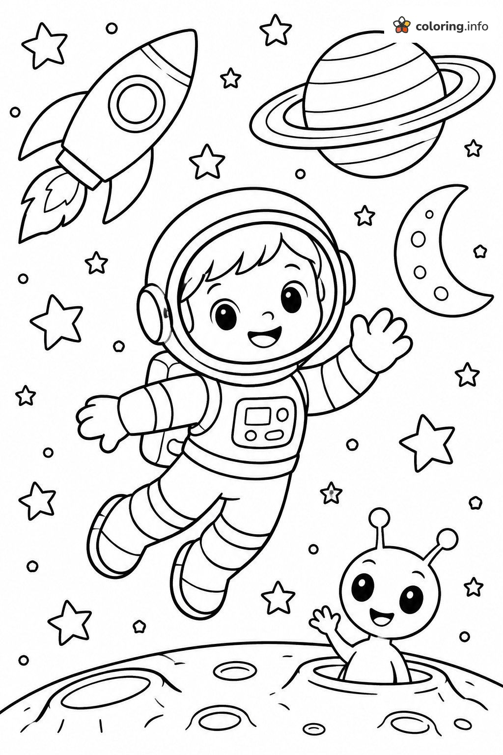 Waving Astronaut I Spy Space Page with Rocket and Alien coloring page Waving Astronaut I Spy Space Page with Rocket and Alien coloring page