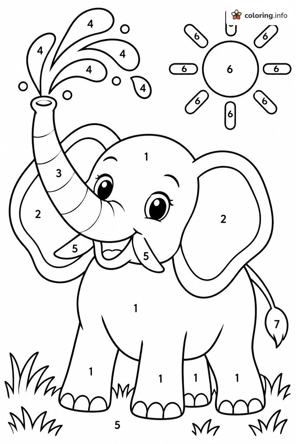 Splashing Baby Elephant Color by Number coloring page Splashing Baby Elephant Color by Number coloring page