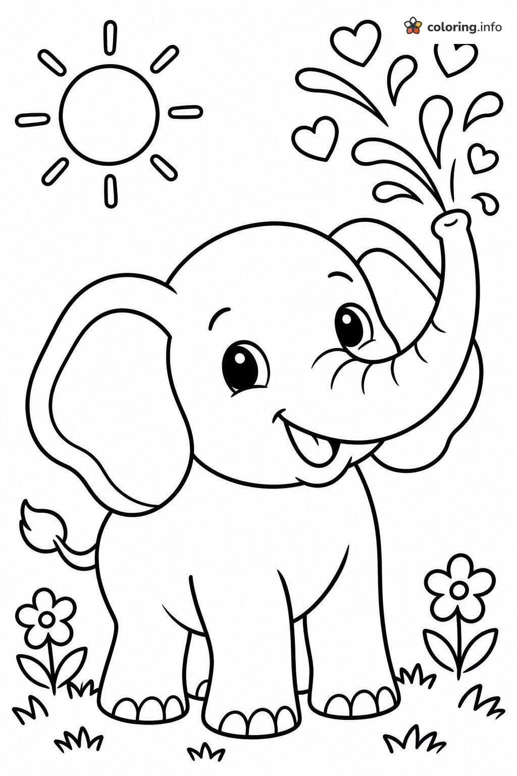 Baby Elephant Squirting Water and Hearts coloring sheet Baby Elephant Squirting Water and Hearts coloring sheet