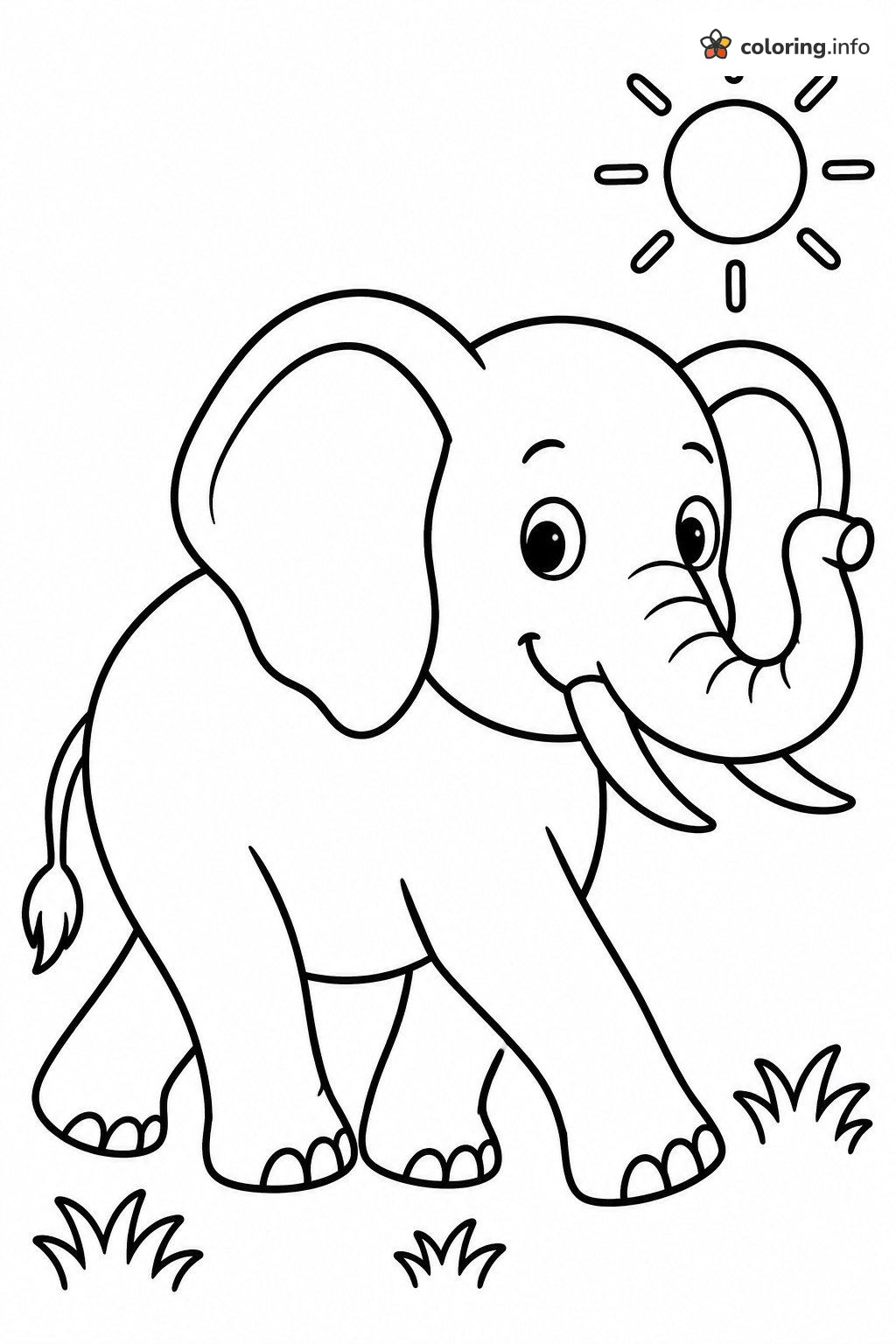 Smiling Baby Elephant Strolling Past a Round Sun coloring page Smiling Baby Elephant Strolling Past a Round Sun coloring page