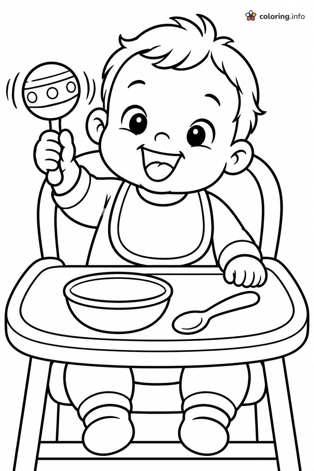 High Chair Baby Shaking a Rattle at Mealtime coloring page High Chair Baby Shaking a Rattle at Mealtime coloring page