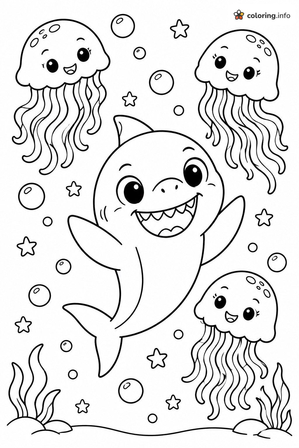 Dancing Baby Shark with Three Jellyfish coloring page Dancing Baby Shark with Three Jellyfish coloring page
