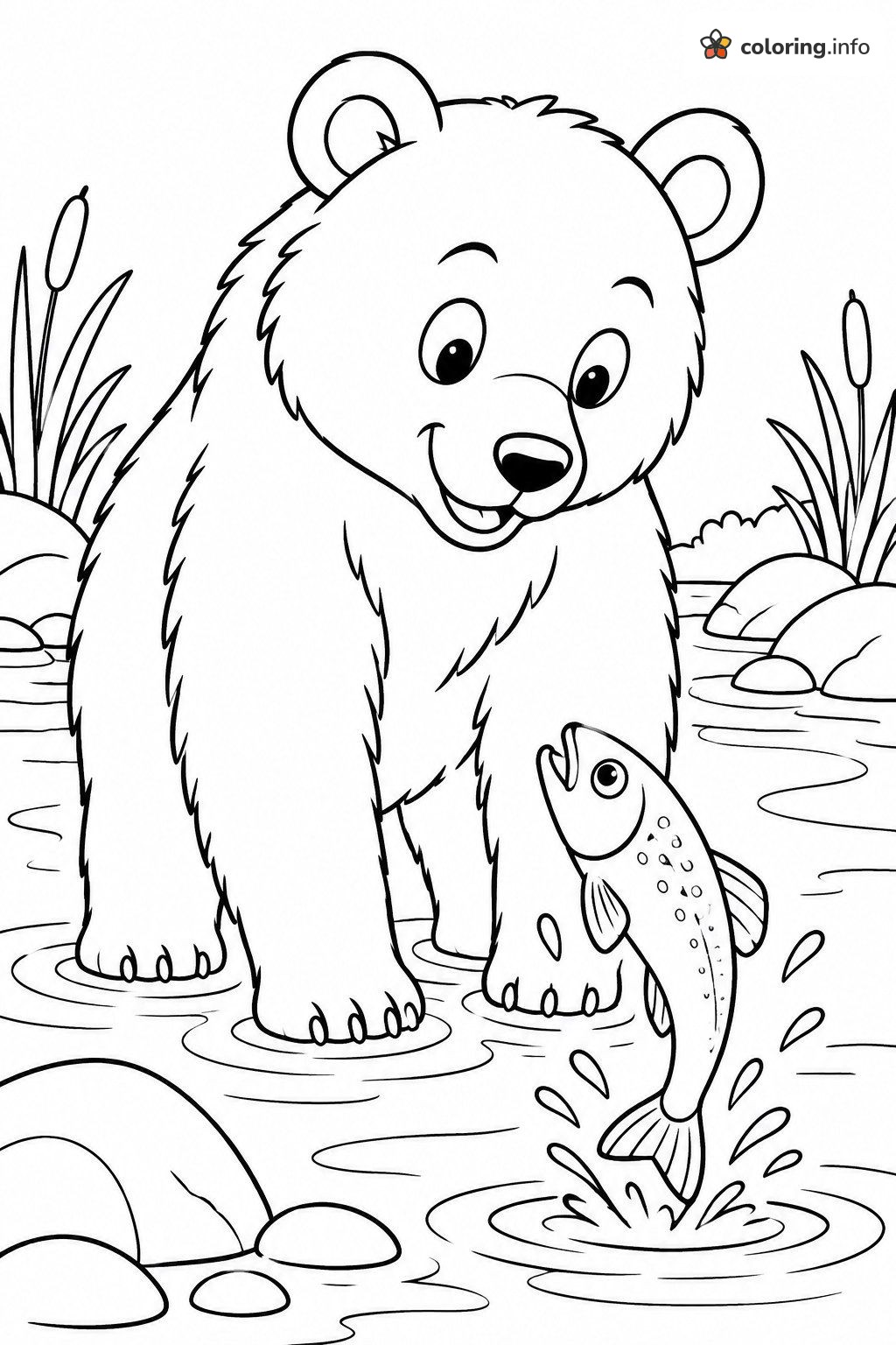 Fish Jumping Past a Happy Bear Cub in the Stream coloring sheet Fish Jumping Past a Happy Bear Cub in the Stream coloring sheet
