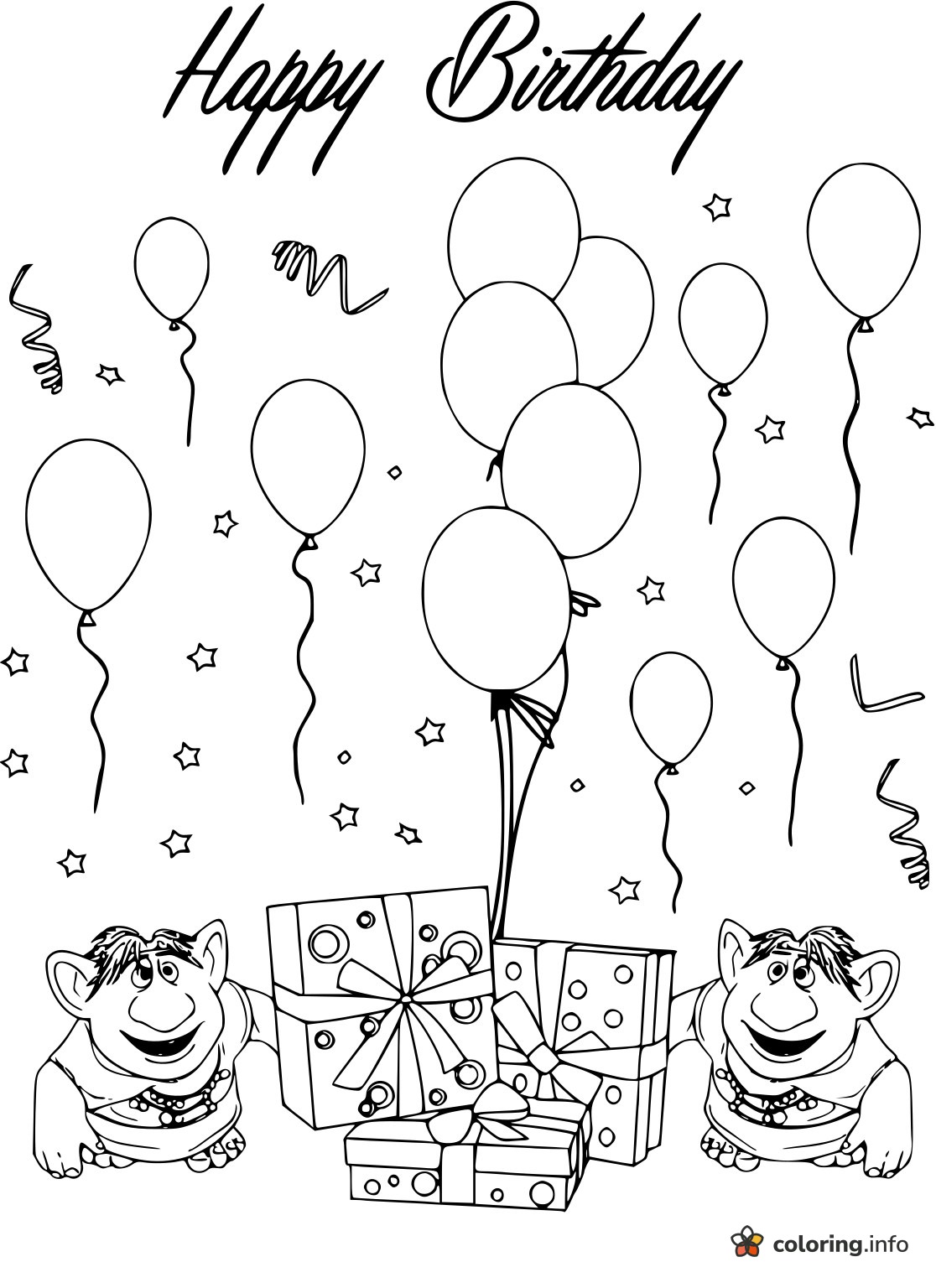 Birthday Balloons, Gifts and Two Trolls: Trolls World Tour Card Page printable coloring page Birthday Balloons, Gifts and Two Trolls: Trolls World Tour Card Page printable coloring page